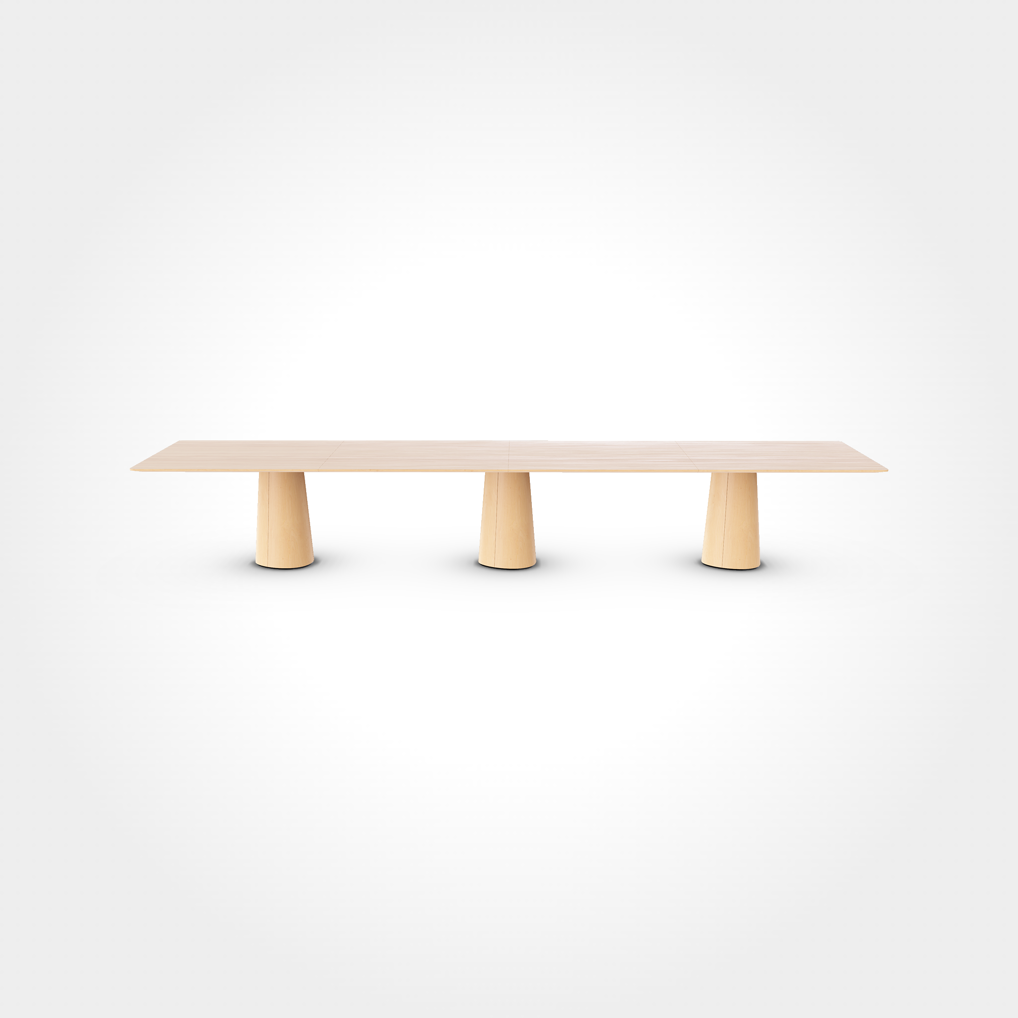 The P.O.V. Plus Table 481 by TON is a long minimalist wooden table featuring a flat rectangular top and three cylindrical legs, perfect for both office and dining settings, easily blending into modern spaces against its plain white background.