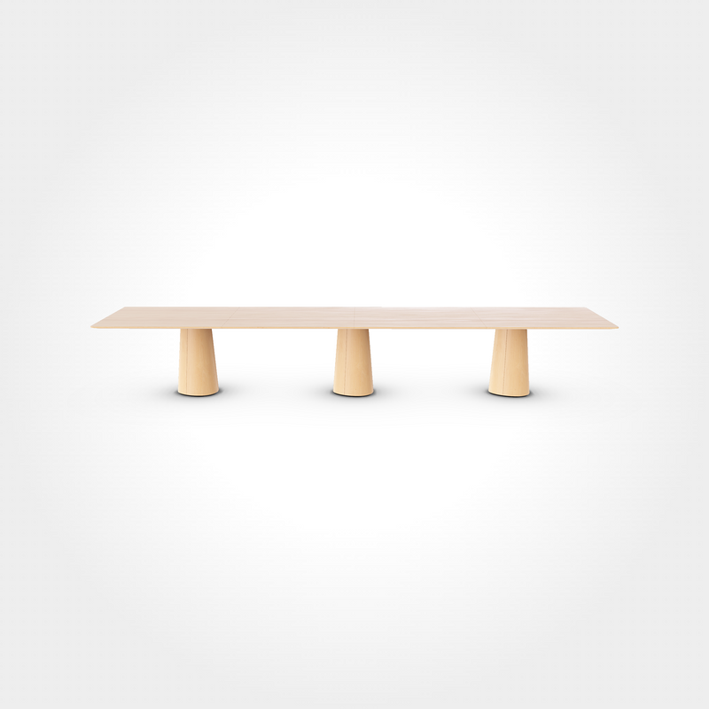 The P.O.V. Plus Table 481 by TON is a long minimalist wooden table featuring a flat rectangular top and three cylindrical legs, perfect for both office and dining settings, easily blending into modern spaces against its plain white background.