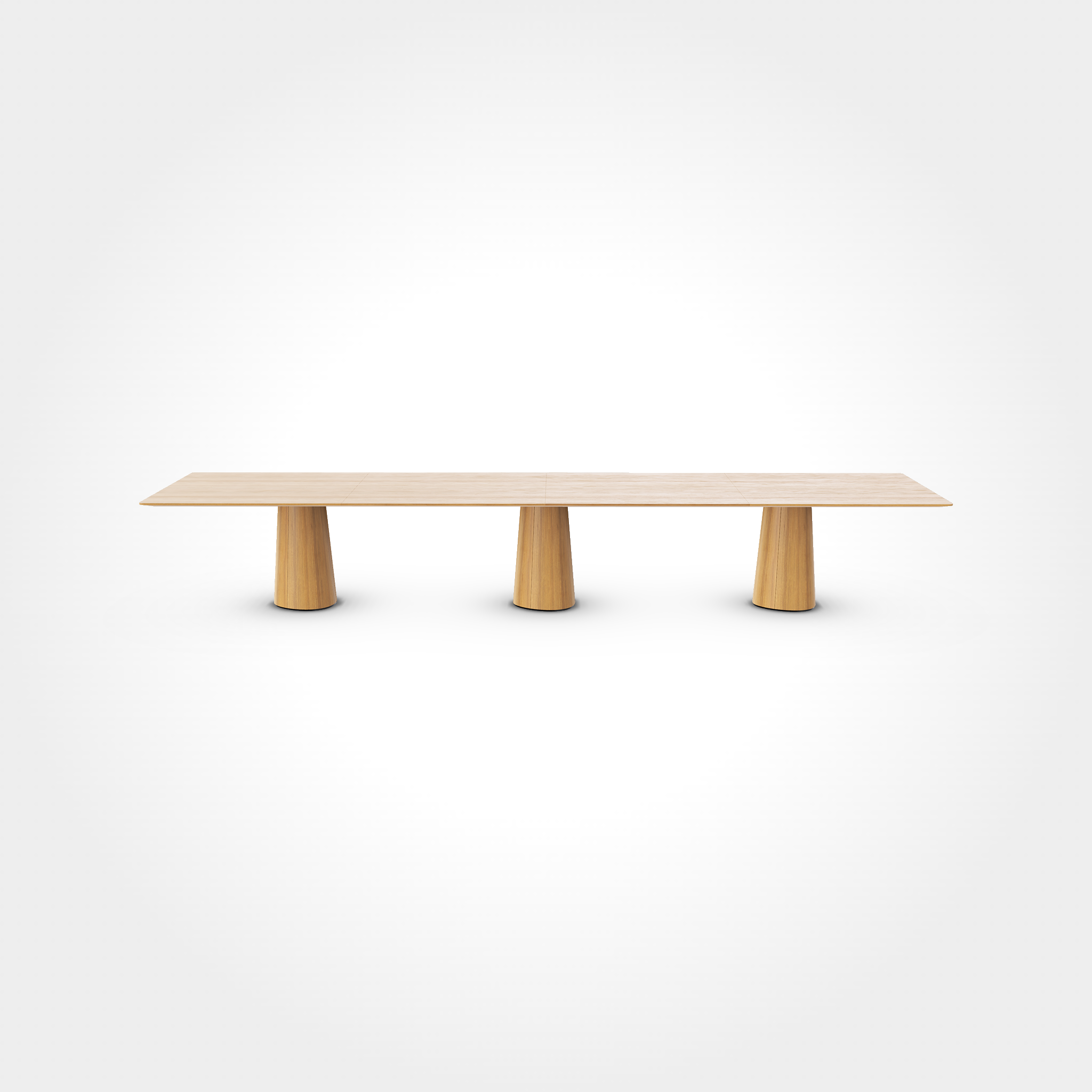 The P.O.V. Plus Table 481 by TON is a minimalist wooden piece with a rectangular top and three cylindrical legs that widen at the base. Its light hue contrasts elegantly against a plain white background, making it ideal for contract, hospitality, office, or dining settings.