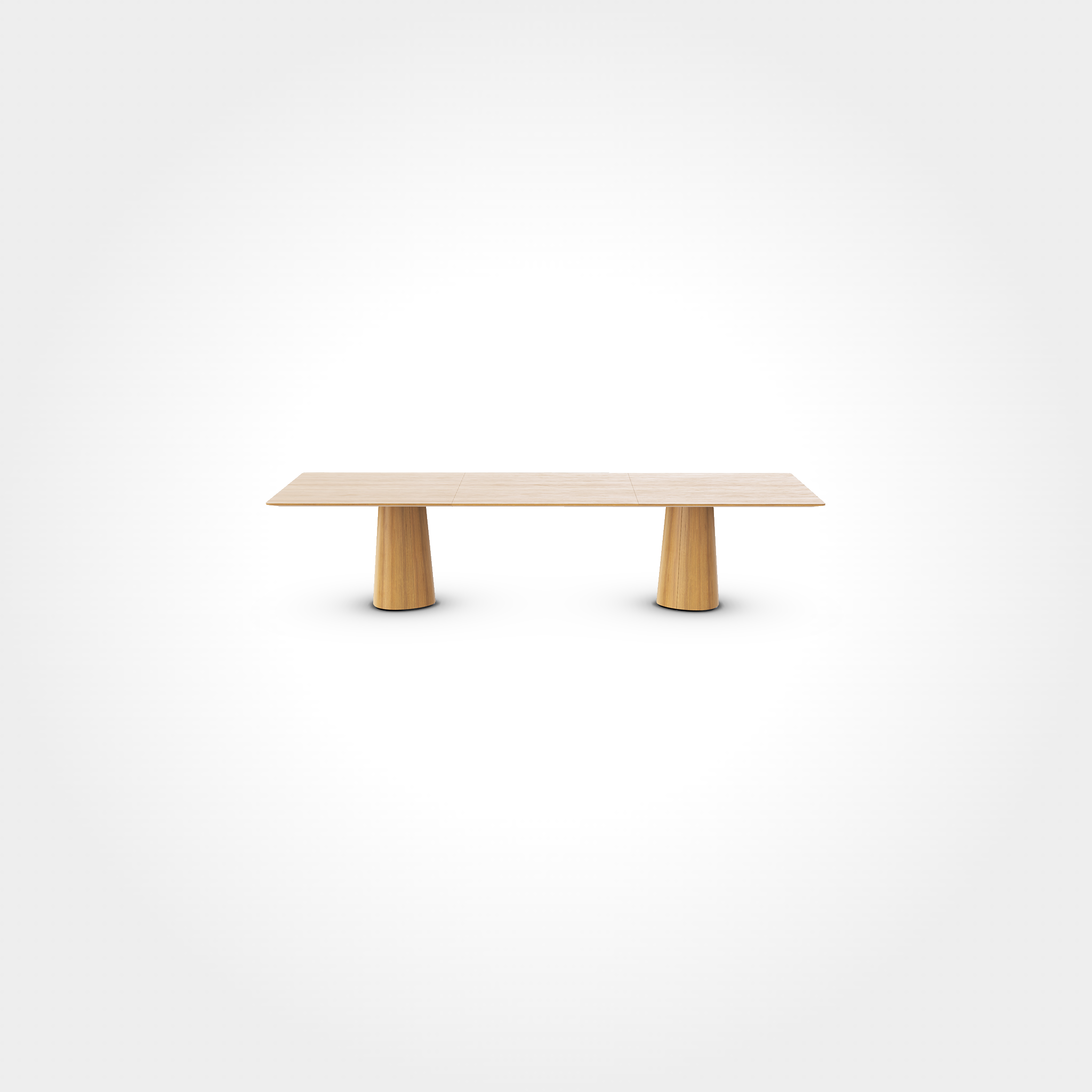 The P.O.V. Plus Table 481 by TON is a minimalist wooden table with a light finish, featuring two cylindrical wooden bases. Ideal for office or dining use, it stands elegantly against a plain white background.
