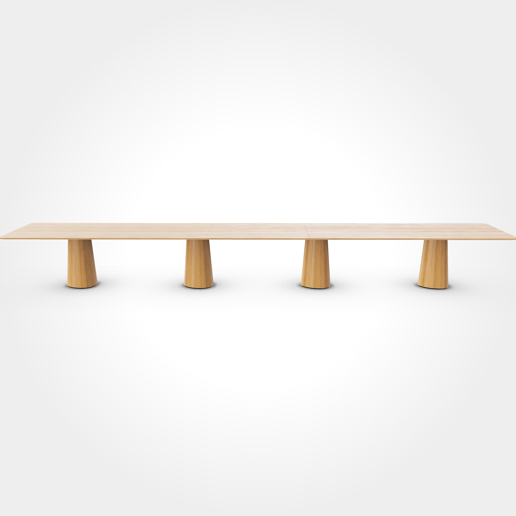 The P.O.V. Plus Table 481 by TON is a minimalist wooden dining table with a smooth finish and four cylindrical legs, adaptable for both office and dining use. It has a long, rectangular design set against a plain white background.