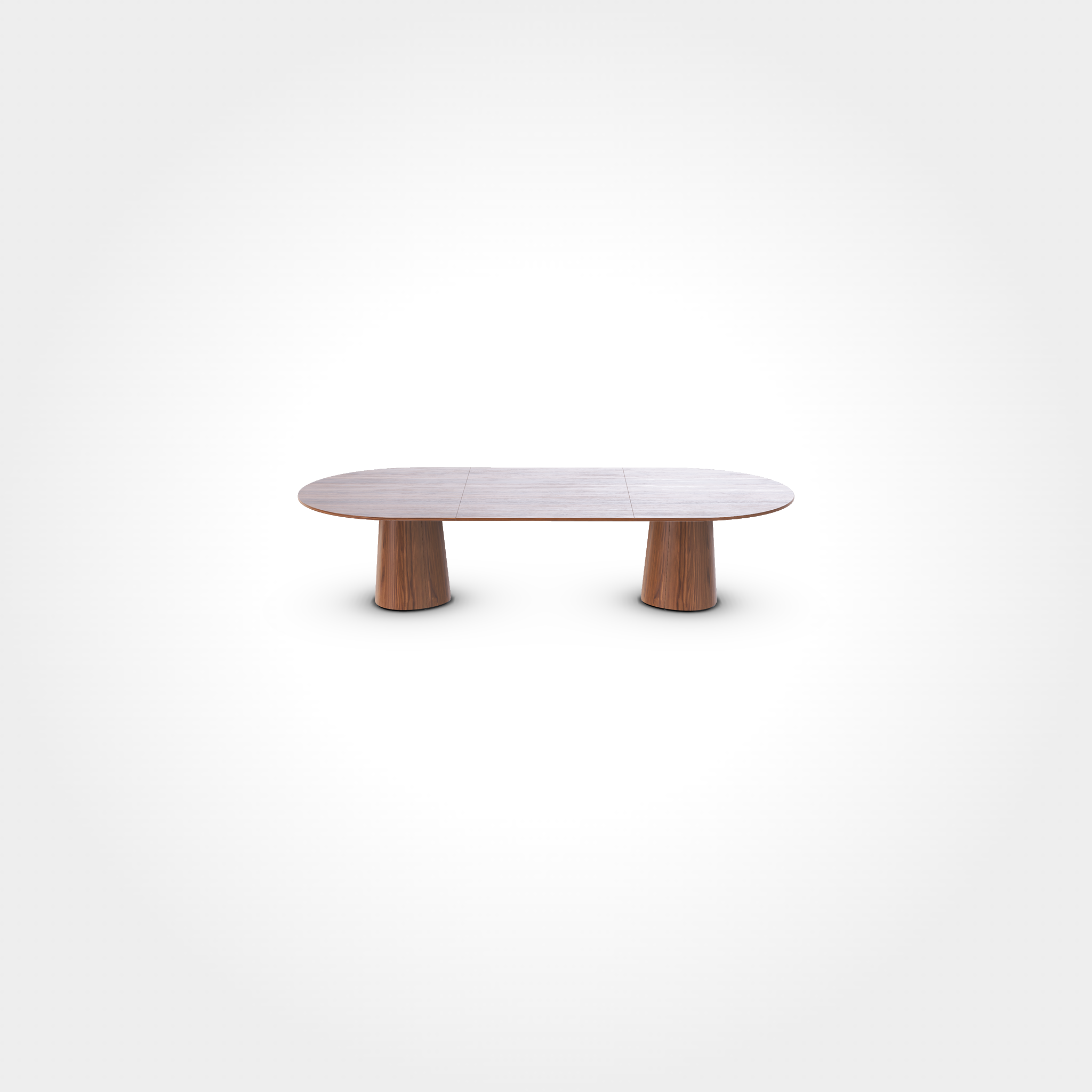 The P.O.V. Plus Table 482 by TON features an oval wooden design with a smooth surface and two cylindrical legs. Its modern style makes it versatile for office or dining use, while the plain white background highlights its sleek lines, showcasing adaptability as a contract and hospitality table.
