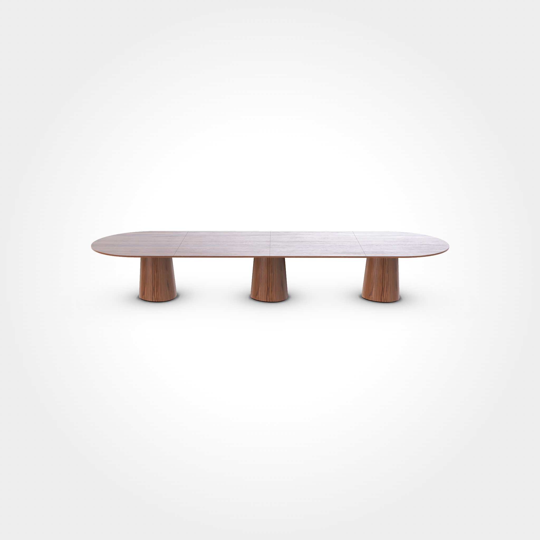 The P.O.V. Plus Table 482 by TON features a minimalist oval wooden design with a smooth surface and three cylindrical legs. Ideal for office or dining use, it complements any space beautifully, its elegance shining against a plain white backdrop.