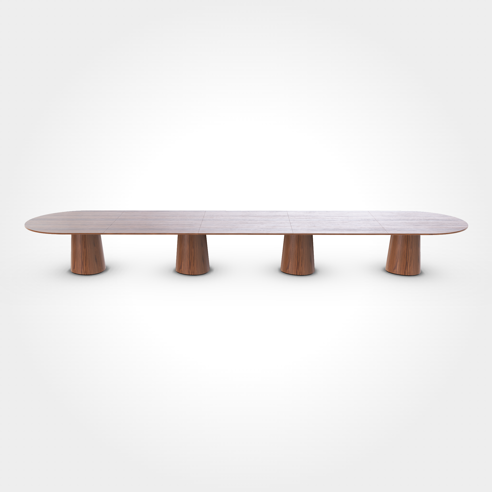 The P.O.V. Plus Table 482 by TON is a long, modern office and dining table with a sleek oval wooden surface and six evenly spaced cylindrical legs, all set against a plain white background for emphasis.