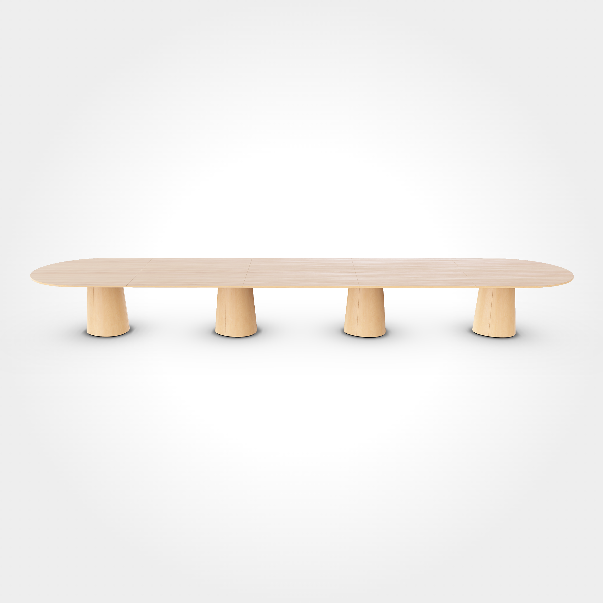 The P.O.V. Plus Table 482 by TON is a long, oval-shaped wooden table featuring a light finish and five cylindrical legs on a white background, ideal for both office and dining settings.
