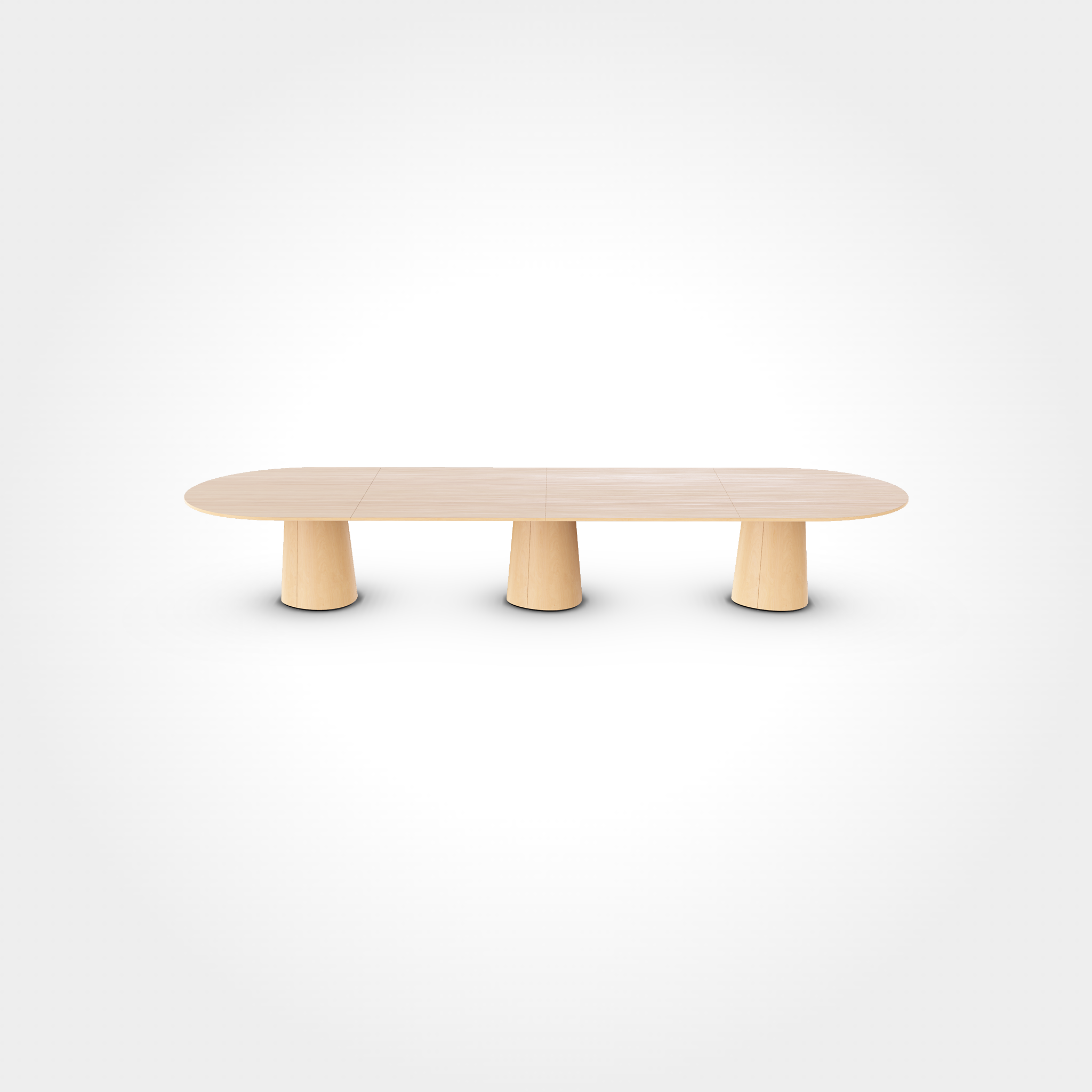 The P.O.V. Plus Table 482 by TON, a modern oval-shaped wooden table with three cylindrical legs, features a light wood finish. Perfect for office or dining settings, its minimalist and contemporary design is ideal for contract and hospitality spaces against a plain white background.