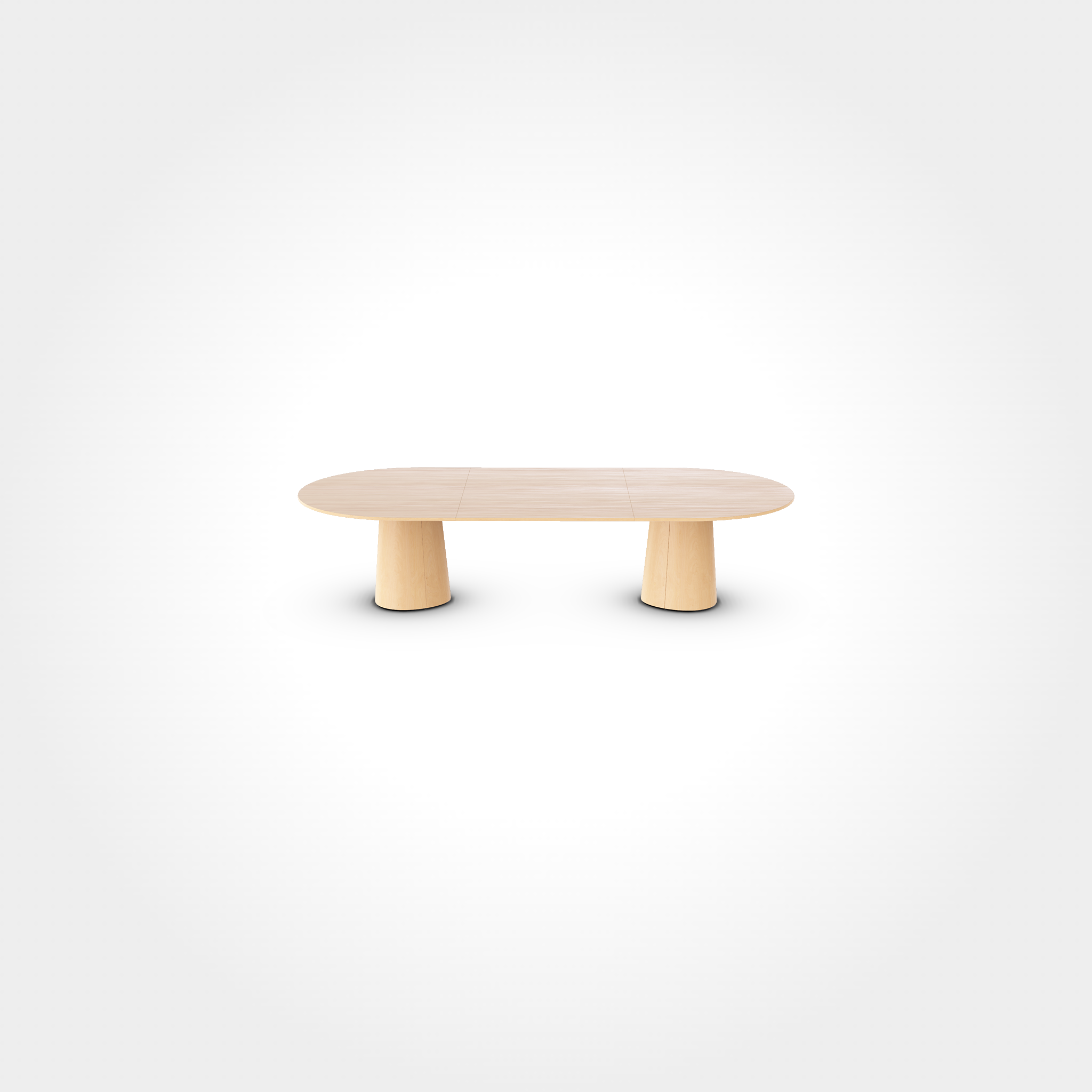 The P.O.V. Plus Table 482 by TON is a sleek, modern dining table with a light wood oval top and two cylindrical legs. Its perfect for both office and dining spaces, making it ideal for contract & hospitality settings.