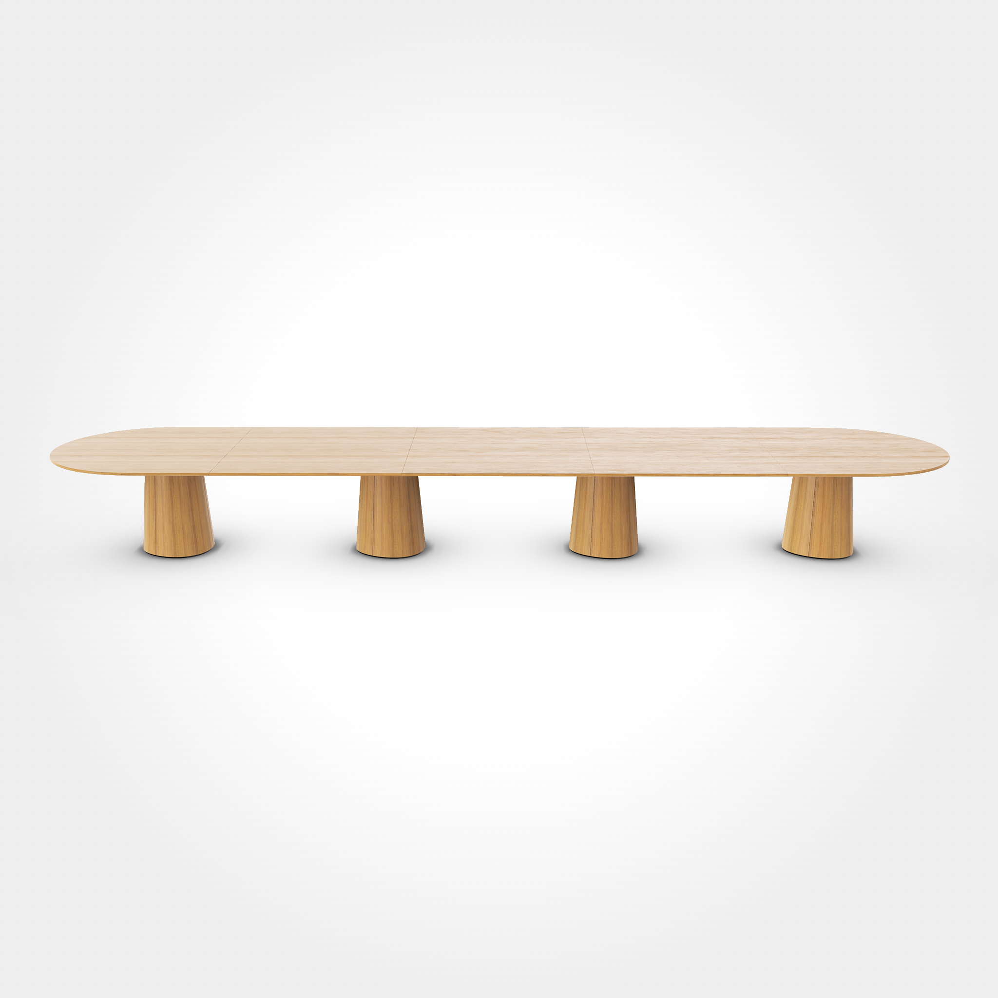 The P.O.V. Plus Table 482 by TON is an oval wooden table with a light finish, perfect for contract and hospitality use. It features a flat top supported by six cylindrical legs in a matching color, placed against a plain white background.