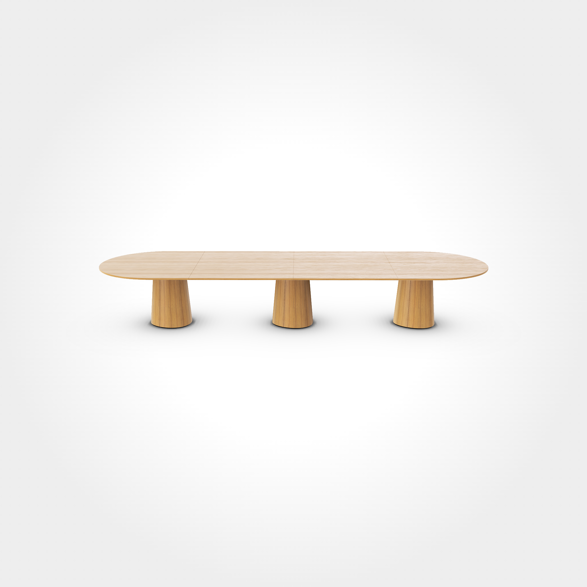 The P.O.V. Plus Table 482 by TON is a sleek, long, oval-shaped wooden table featuring three cylindrical legs on a white background. Its smooth finish and minimalist design allow it to function as both an office and dining table, seamlessly blending functionality and style.