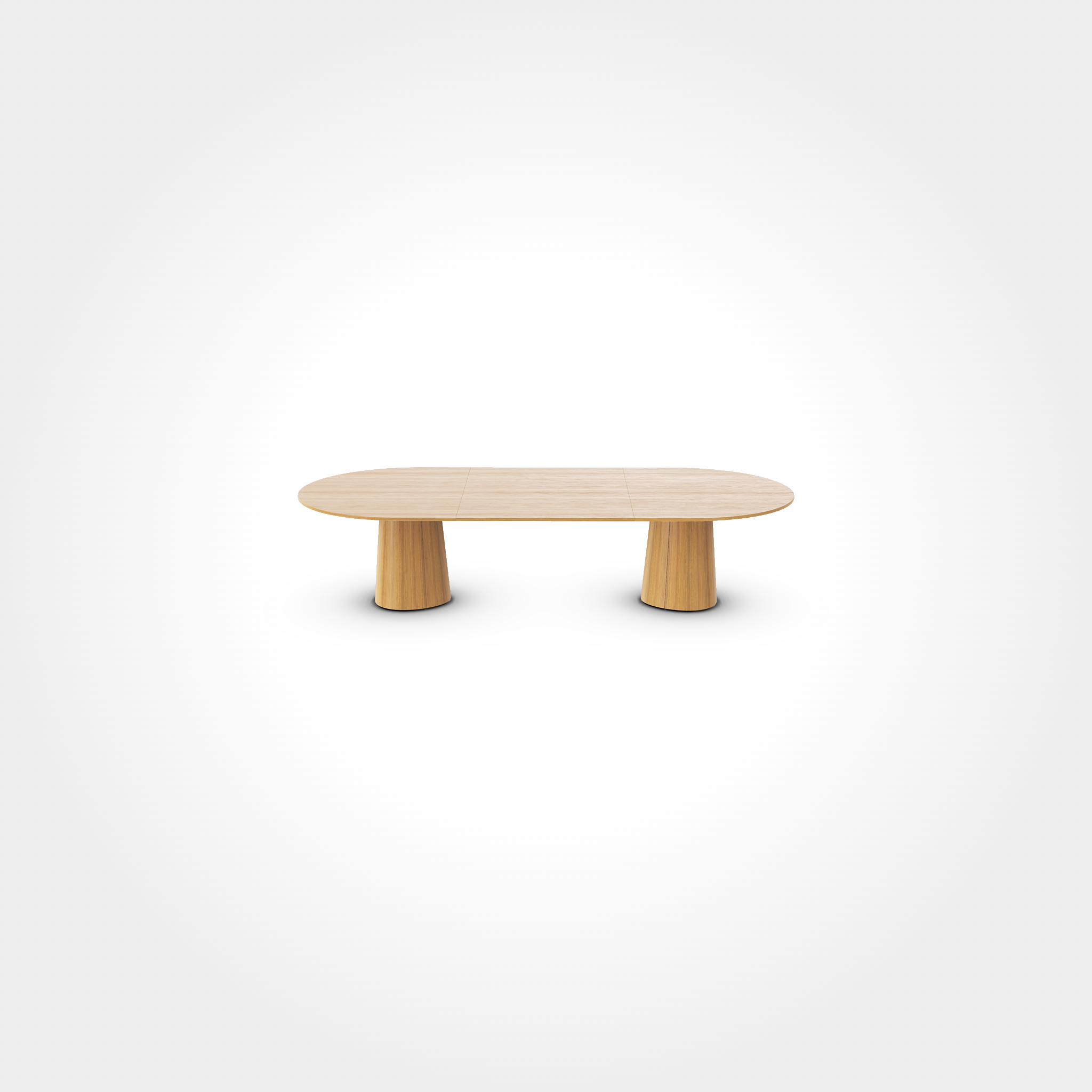 TONs P.O.V. Plus Table 482 is a minimalist wooden oval table featuring a smooth surface and two cylindrical legs, standing elegantly against a plain white background, making it perfect for contract and hospitality settings.