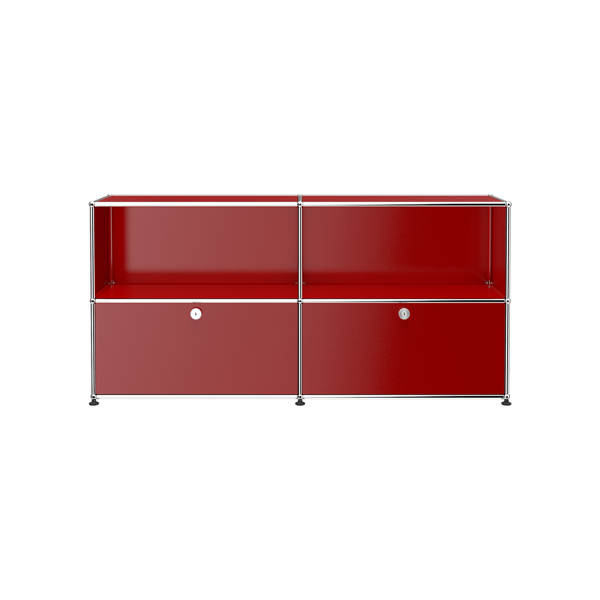 Haller Credenza C2A in ruby red with open top shelves and two locked drop-down doors in chrome steel frame.