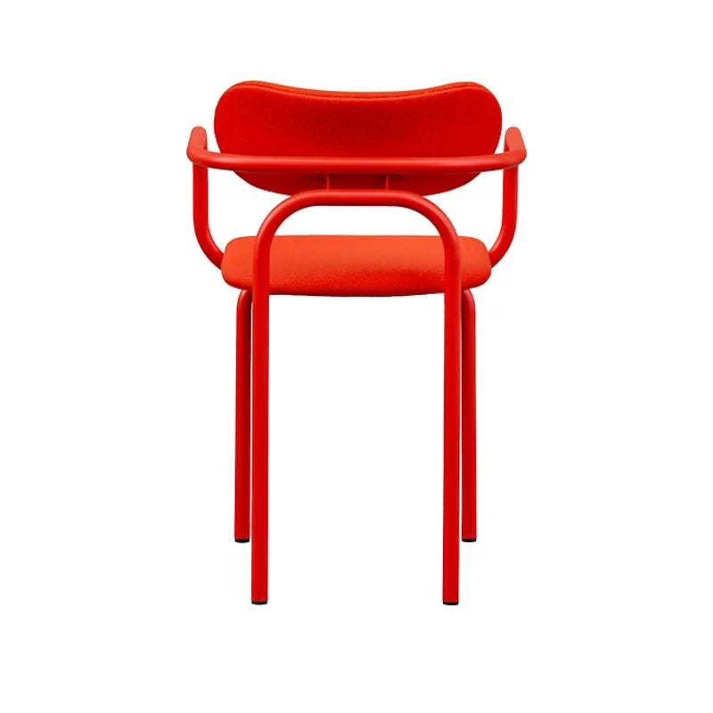 The DOUBLE U arm chair upholstered by Victor Foxtrot is a modern red tubular steel chair with a curved backrest, tubular armrests, and legs featuring black tips. Its sleek and minimalist design stands out against a white background.
