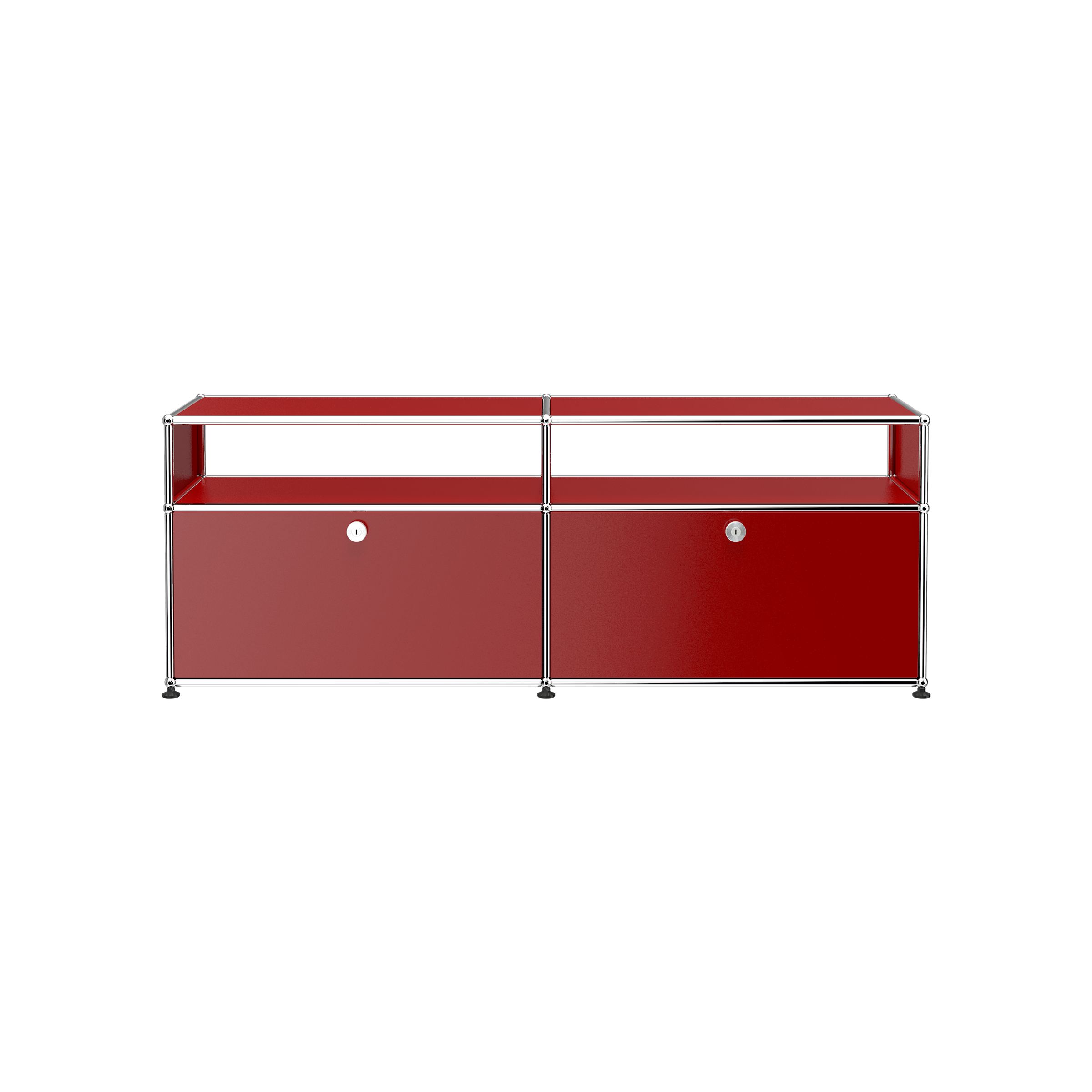 Haller Media O2 red media credenza with chrome frame, two lockable drop-down doors, and open shelf above.