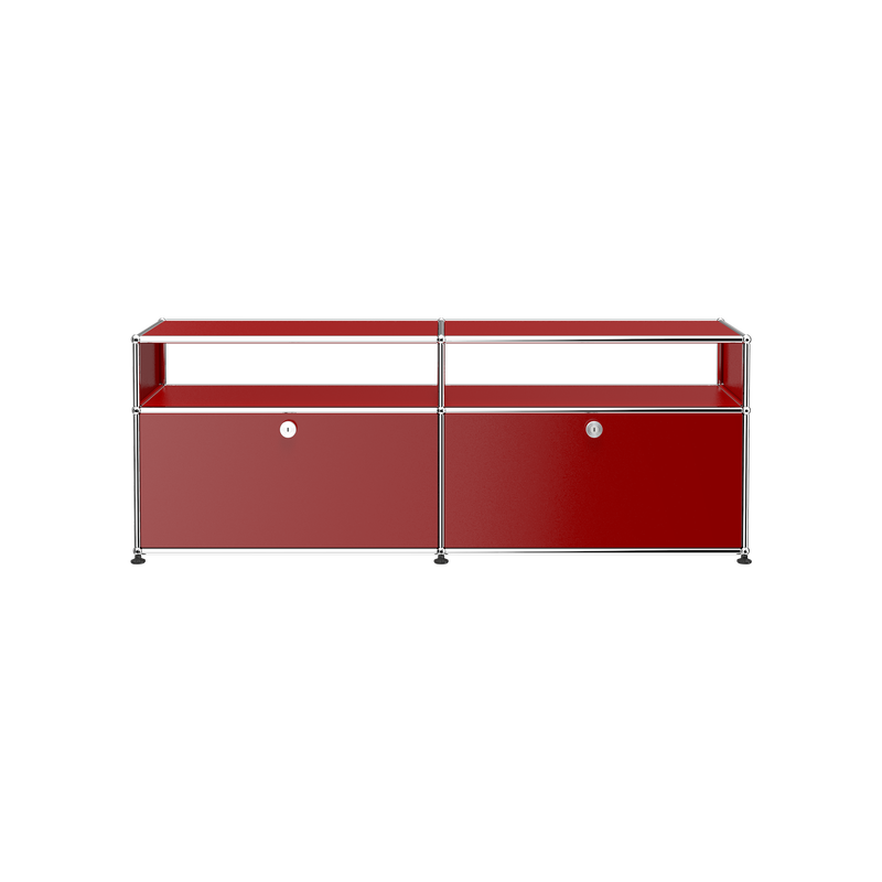 Haller Media O2 red media credenza with chrome frame, two lockable drop-down doors, and open shelf above.