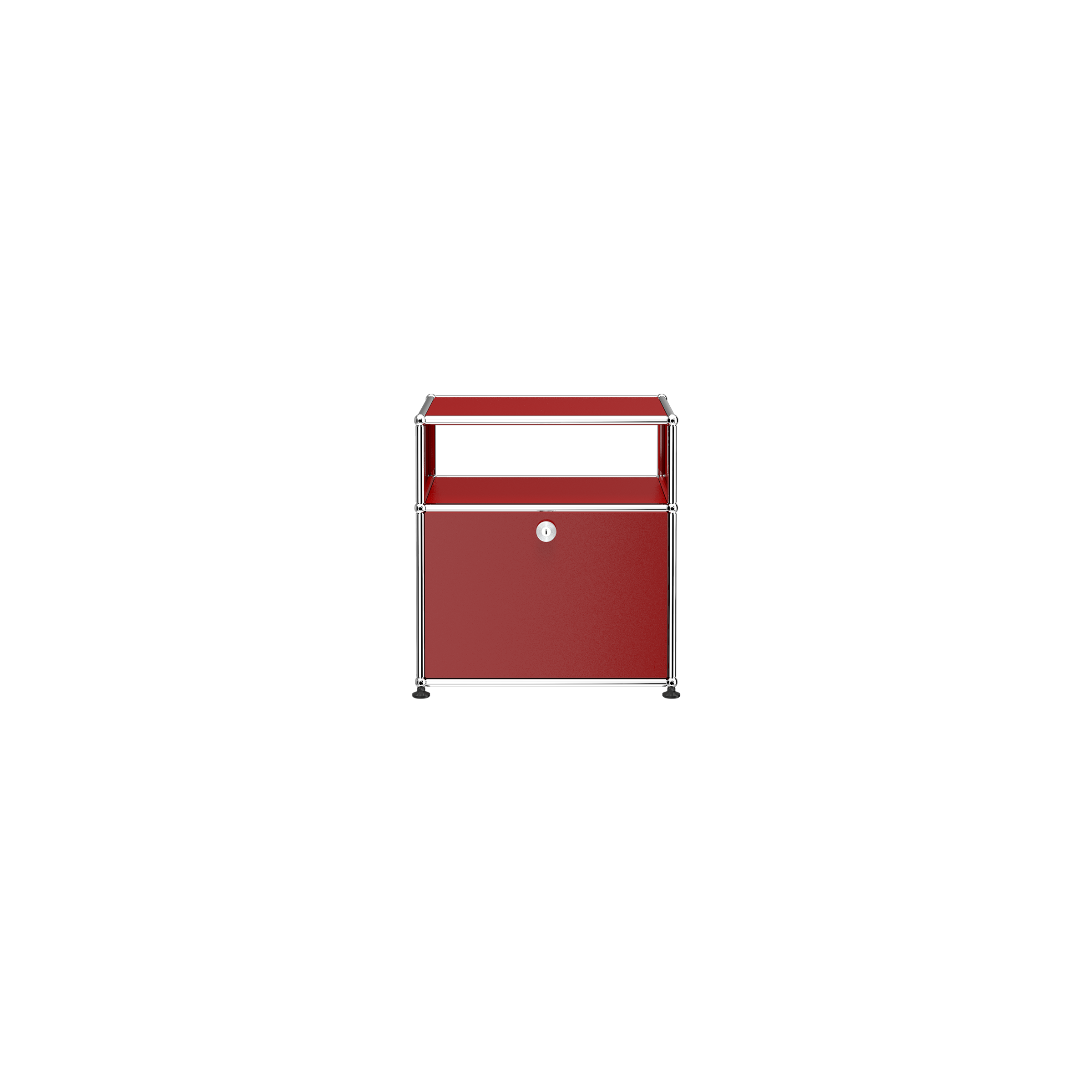 Haller Nightstand P in ruby red with open shelf and lockable drop down door, chrome steel frame and powder-coated panels.