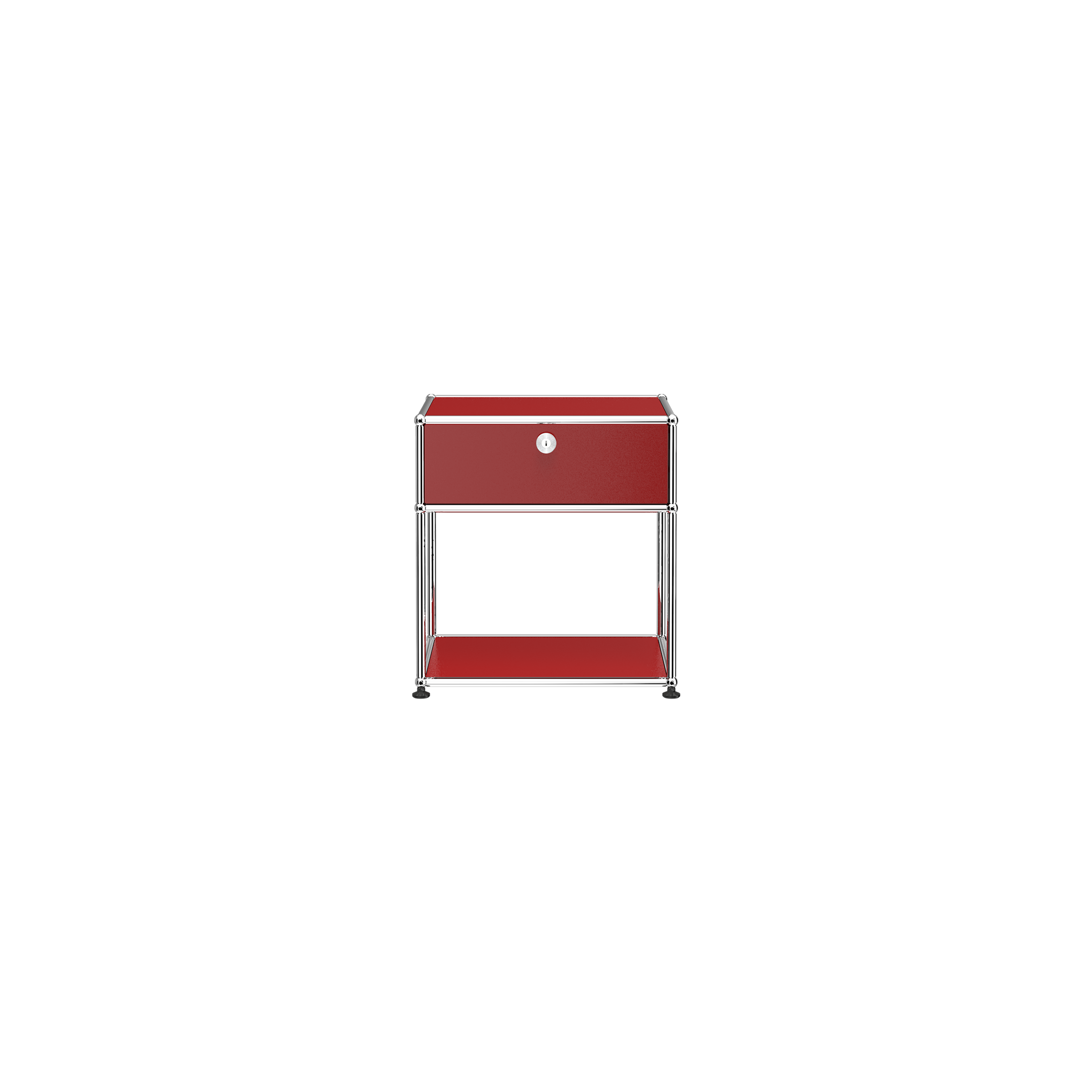 Haller Nightstand P2 in ruby red with steel frame, drop-down locked door, and open lower shelf design.
