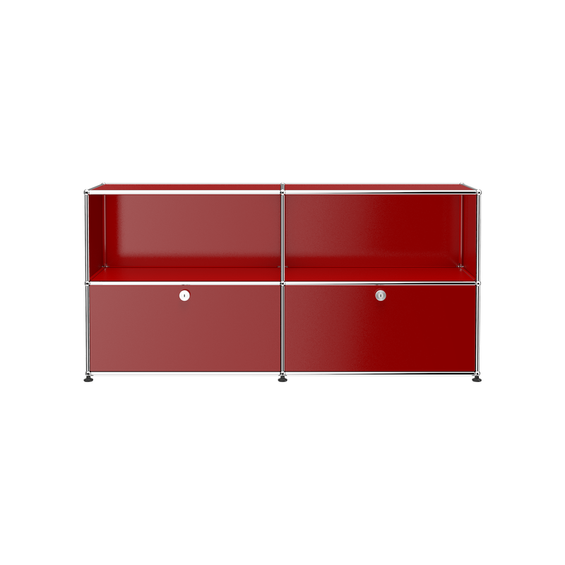 Haller Credenza C2A in ruby red with open top shelves and two locked drop-down doors in chrome steel frame.