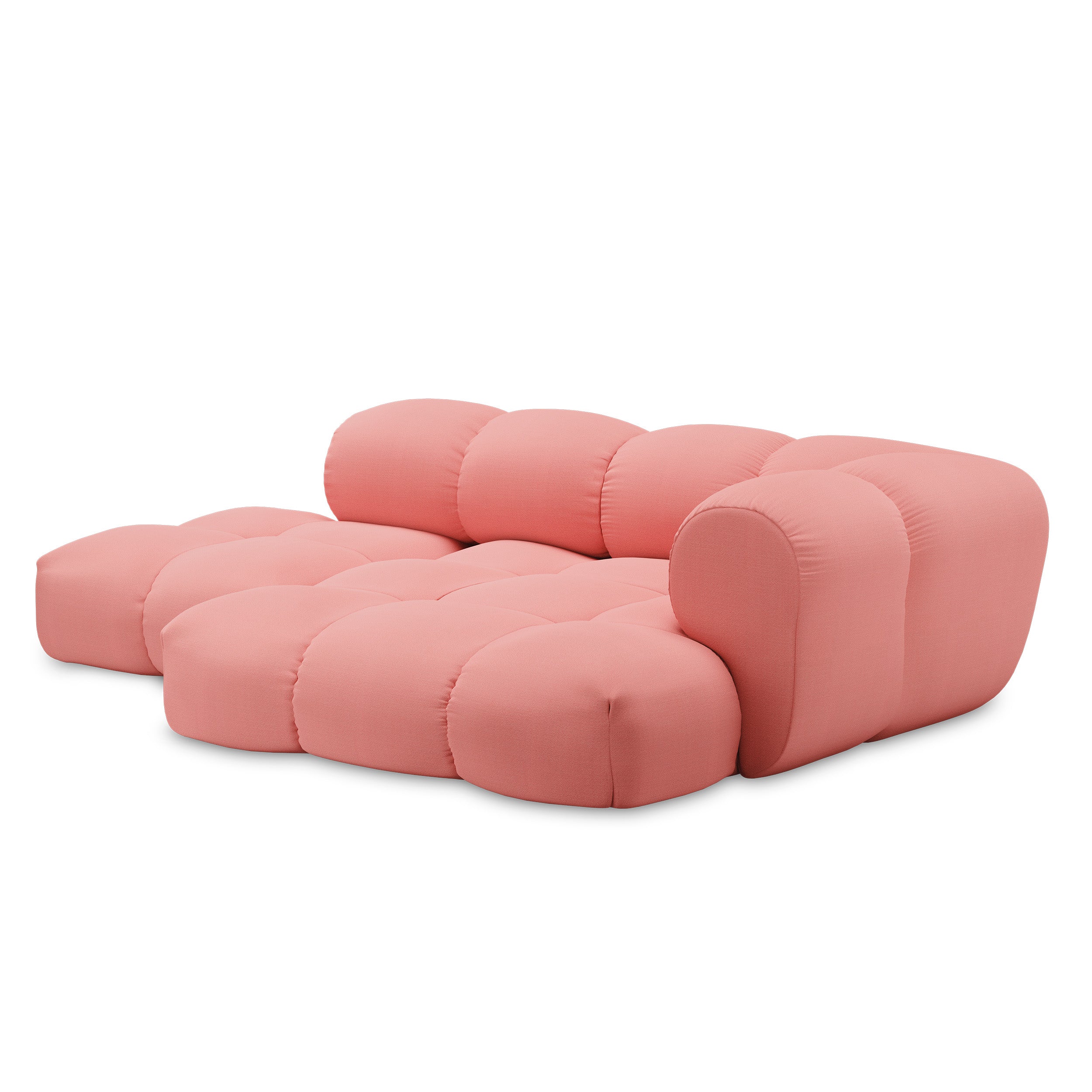 Introducing the Sander Sofa by Objekte unserer Tage, a pink modular piece capturing Postmodern design with plush, tufted form and rounded edges. The extended seat offers a cozy chaise lounge feel, while ultrasoft upholstery enhances both comfort and style.