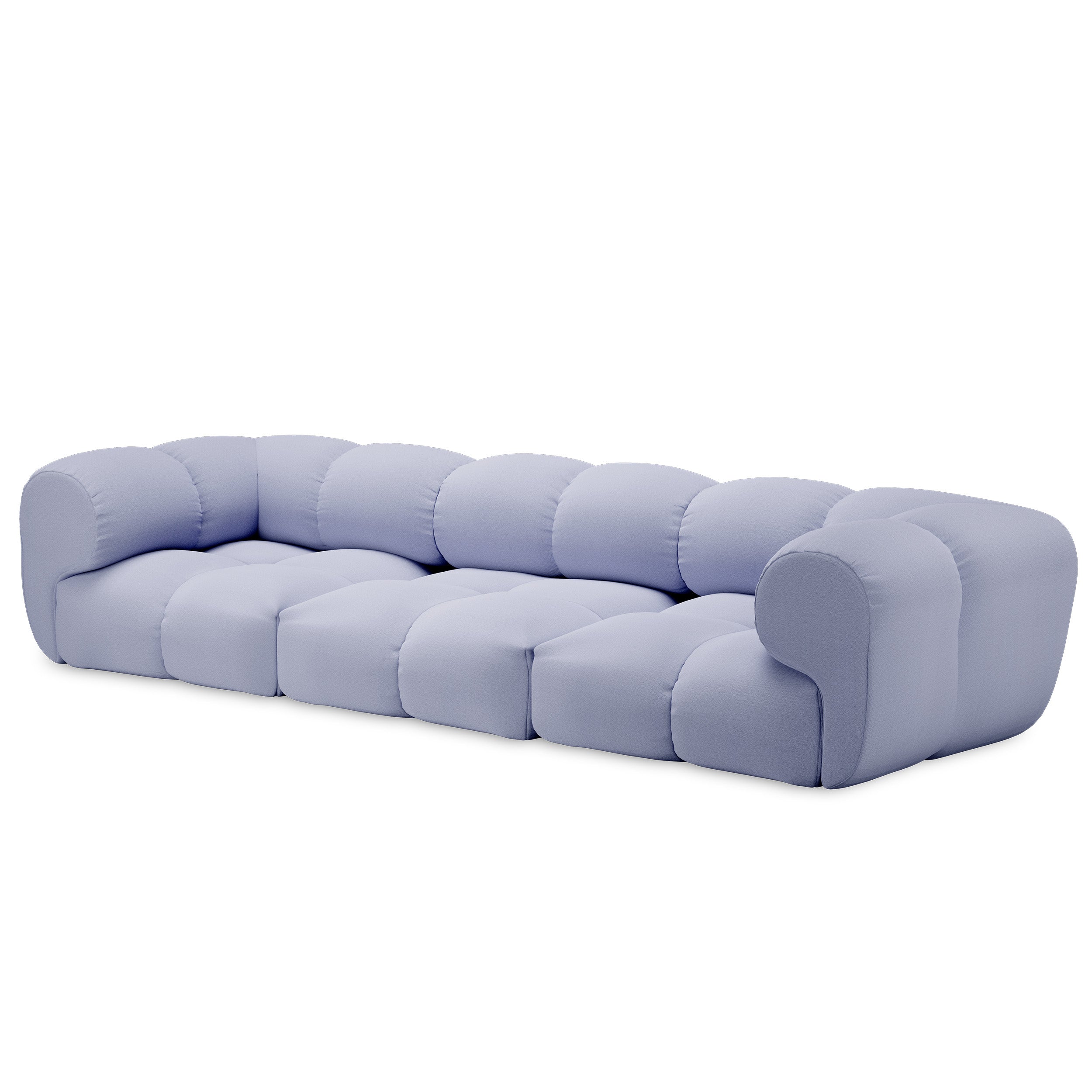 The Sander Sofa by Objekte unserer Tage is a light blue, modular piece featuring ultrasoft upholstery and rounded cushions. Its sleek, low-profile design offers plush seating for contemporary comfort, blending effortlessly into living rooms with postmodern touches.