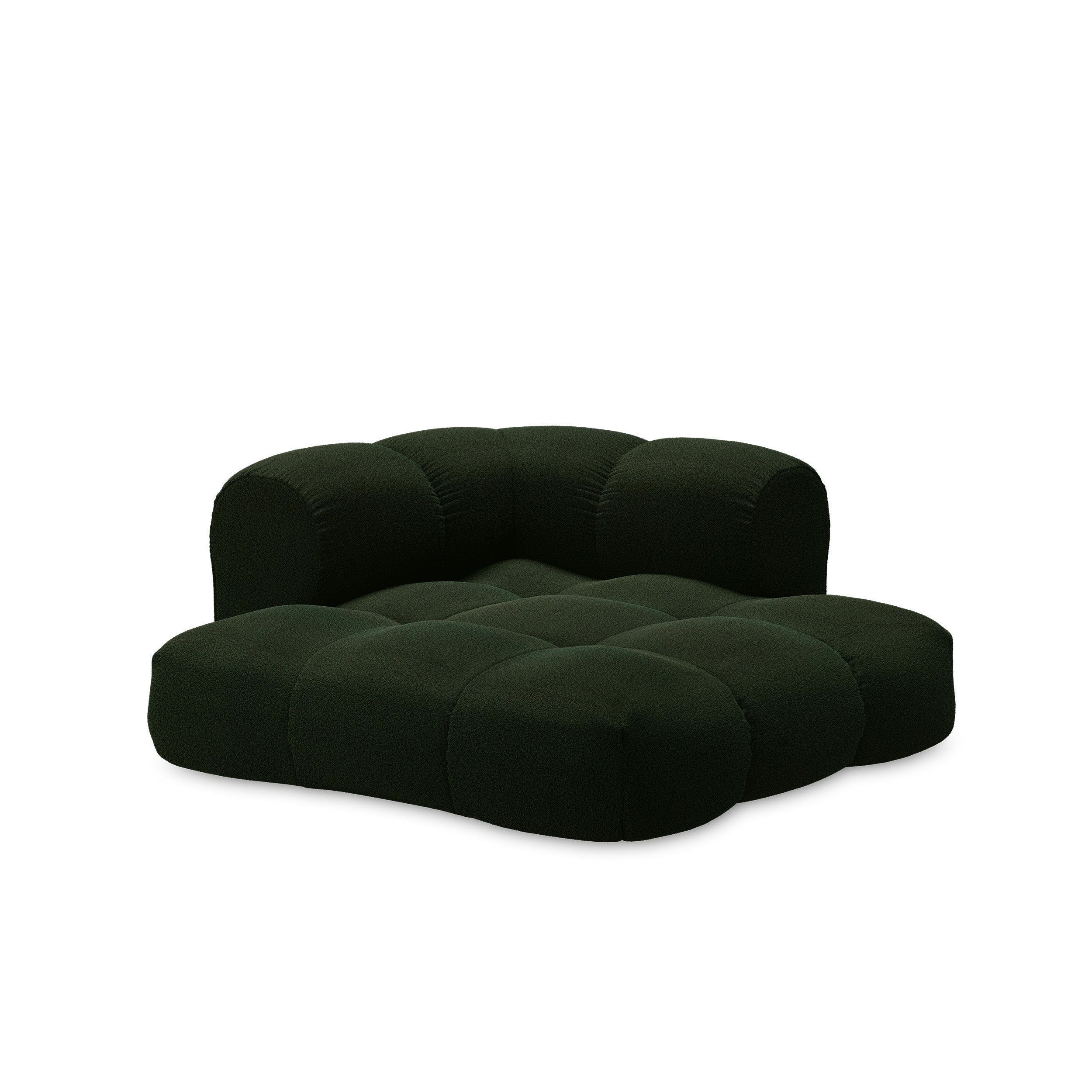 Introducing the Sander Sofa by Objekte unserer Tage: a plush, dark green modular masterpiece with ultrasoft upholstery, featuring a tufted design with a low backrest and deep seats. Its unique, rounded shape embodies postmodernism for a contemporary and inviting look.