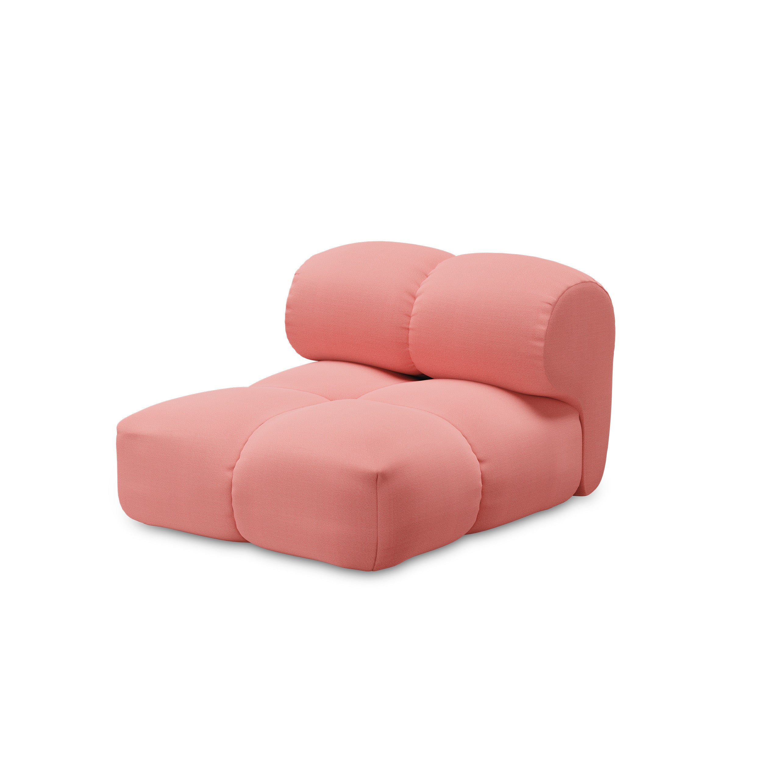 The Sander Sofa by Objekte unserer Tage is a modern, modular pink piece featuring rounded cushions that form the seat and backrest. It boasts ultrasoft upholstery with a Postmodernism design, exuding a plush look without armrests against a white background.