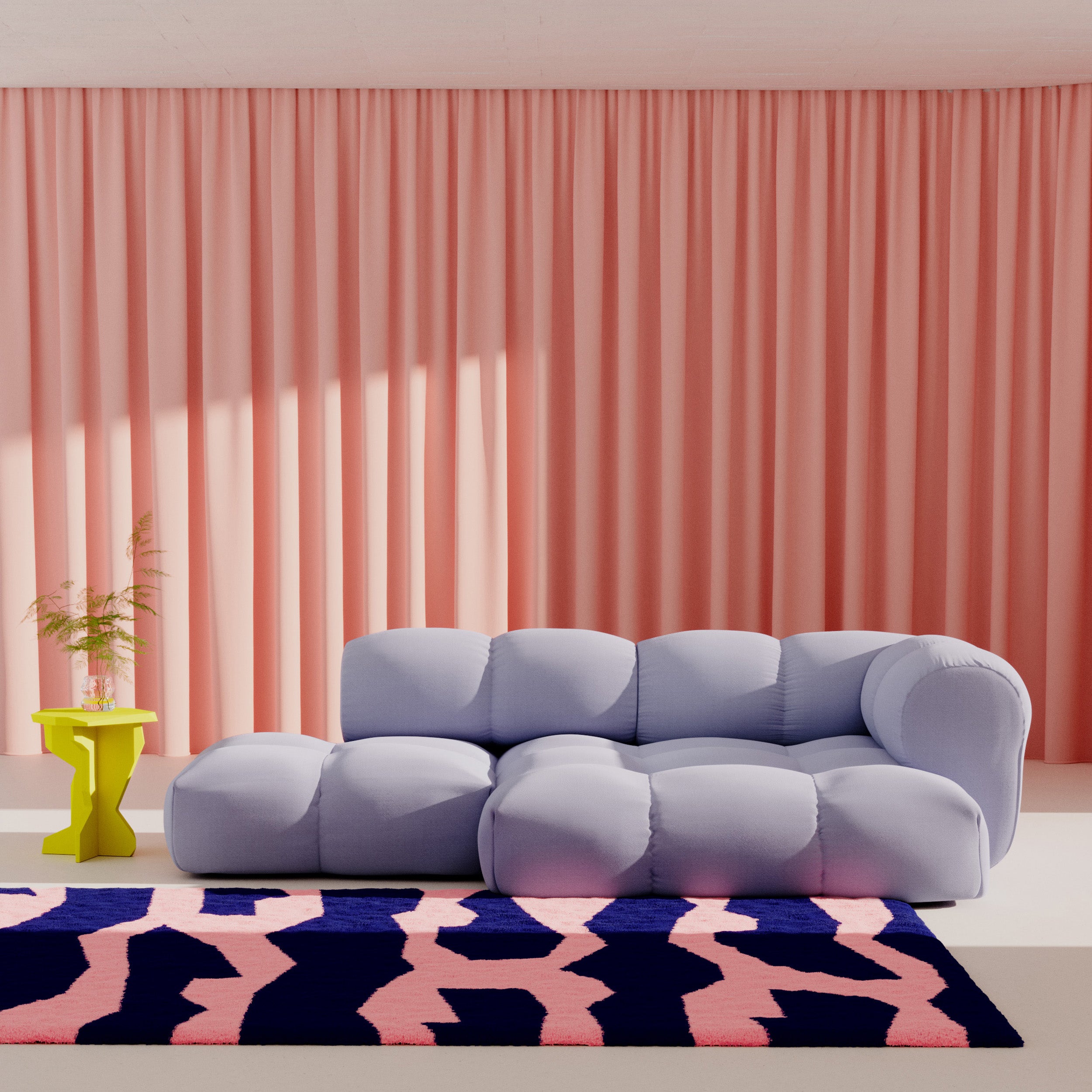 A modern living room features the light blue, tufted Sander Sofa by Objekte unserer Tage with its matching ottoman. Pink curtains serve as a backdrop, contrasted by a yellow side table with a plant. A bold pink and navy rug ties it all together, showcasing postmodernism elements.