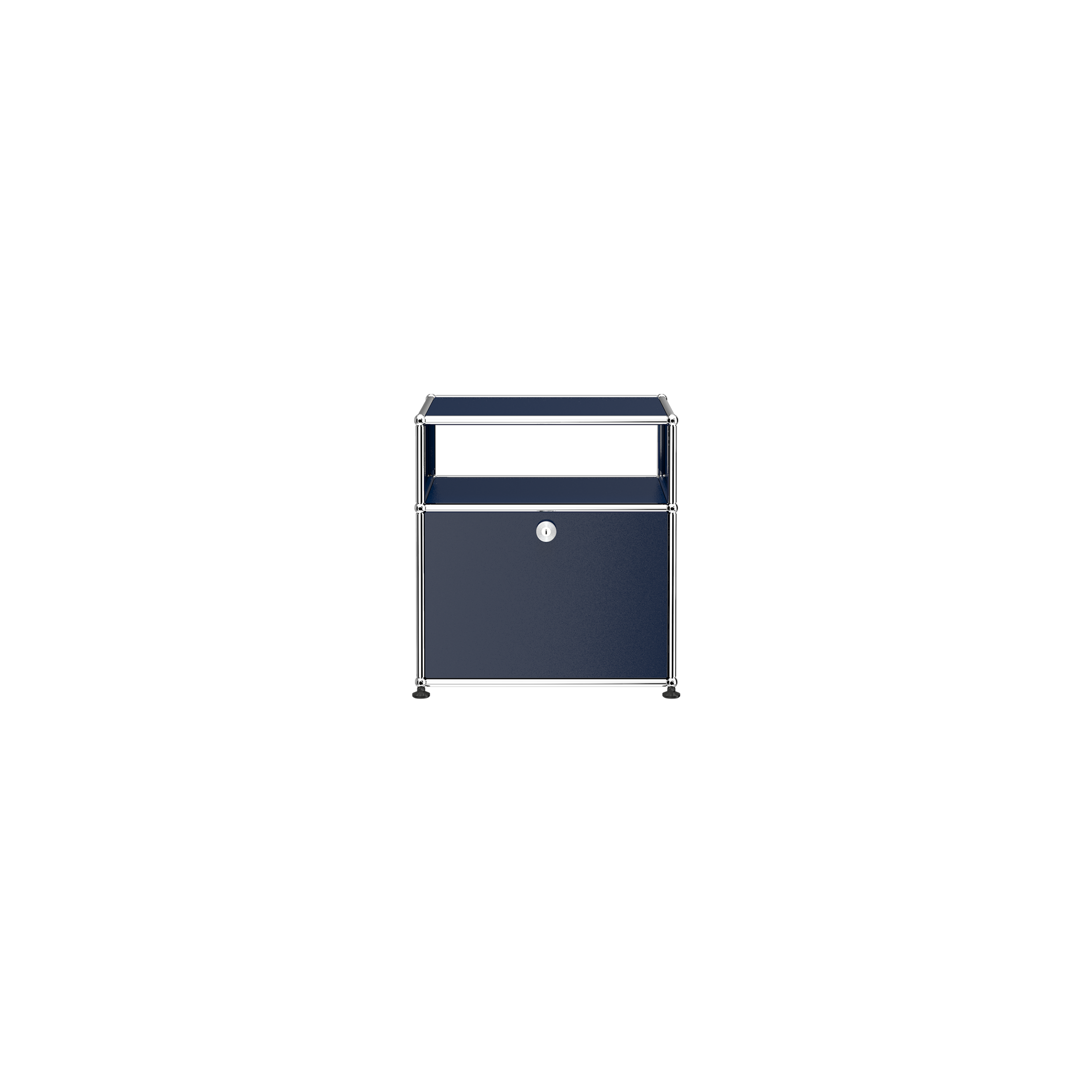 Haller Nightstand P in steel blue with open shelf and lockable drop-down door on chrome frame.