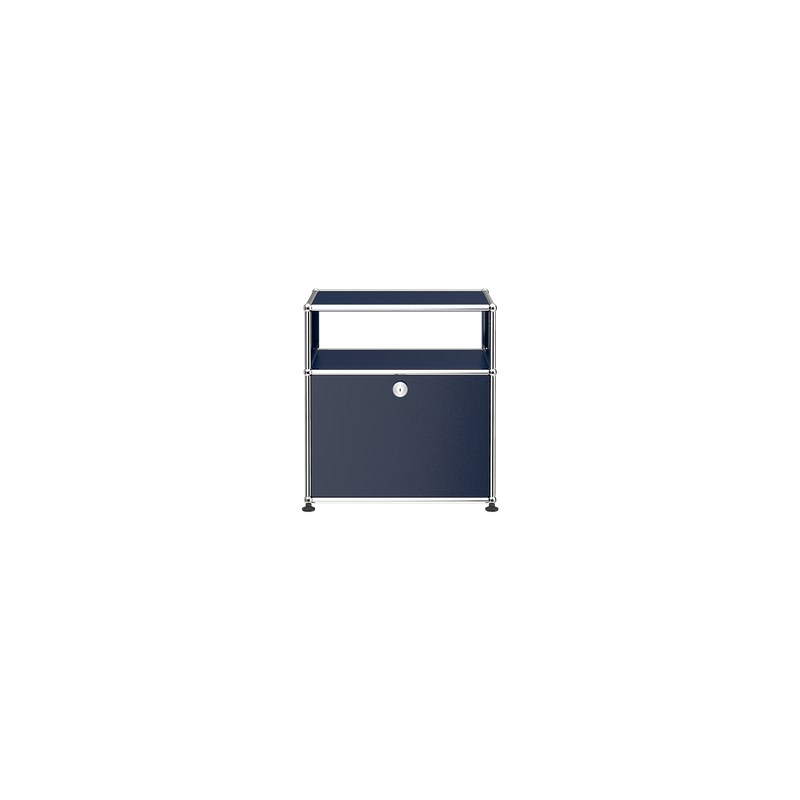 Haller Nightstand P in steel blue with open shelf and lockable drop-down door on chrome frame.