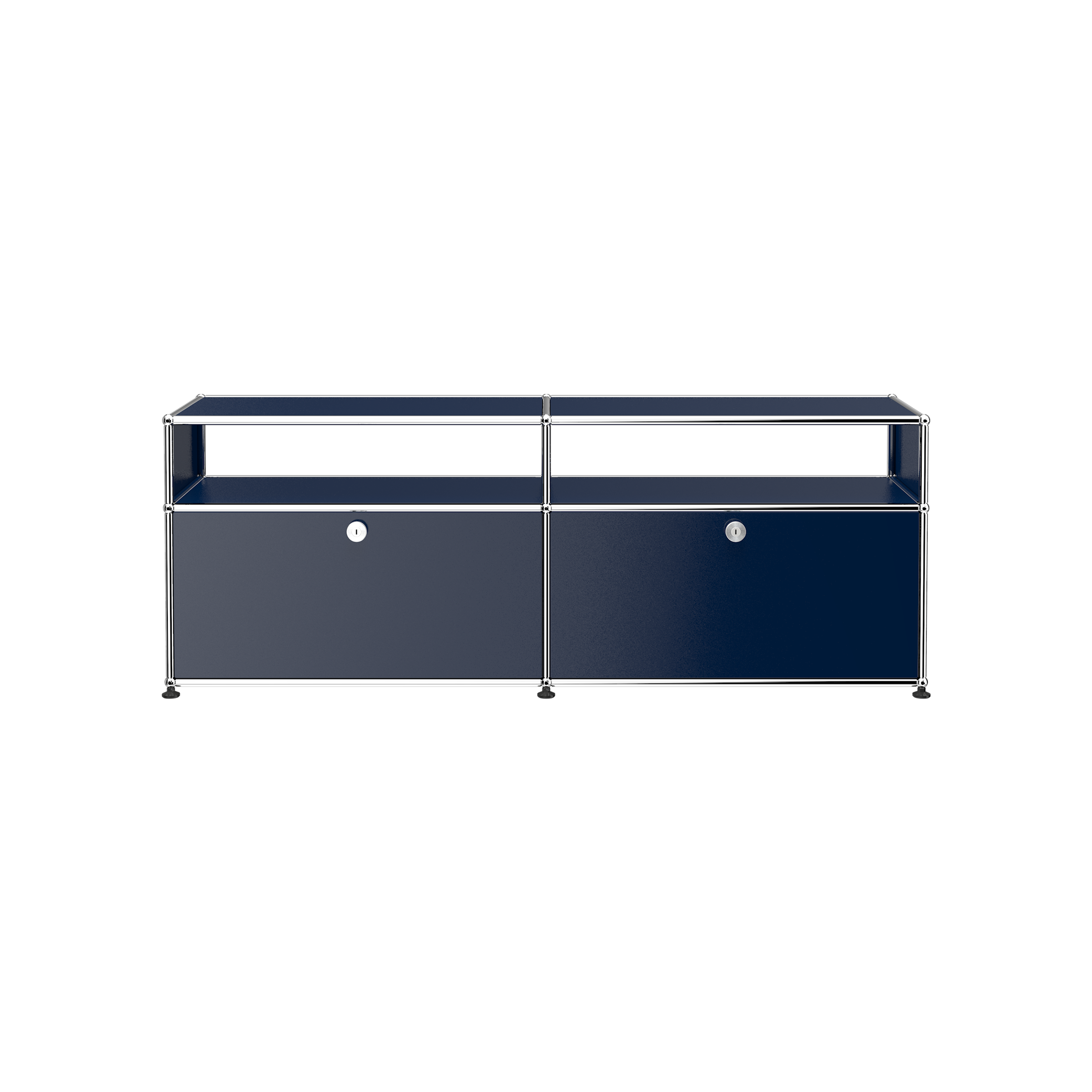 Haller Media O2 media storage credenza in steel blue with two coin-lock drop down doors and chrome frame