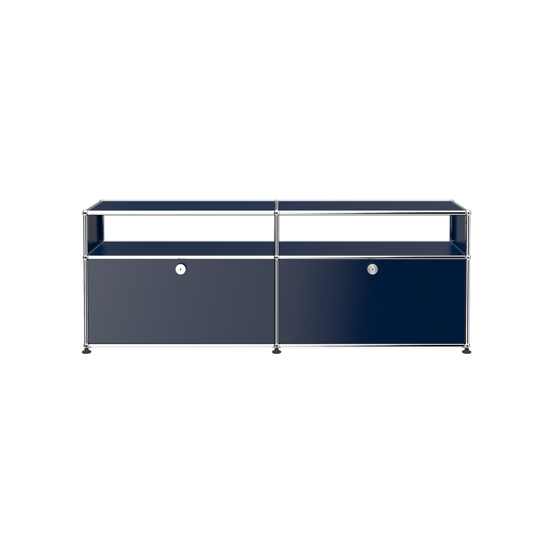 Haller Media O2 media storage credenza in steel blue with two coin-lock drop down doors and chrome frame