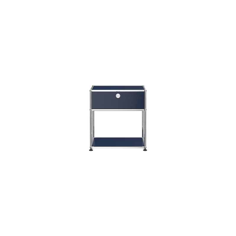 Haller Nightstand P2 with steel blue powder-coated panels, chrome frame, lockable drop-down door, and lower shelf design.