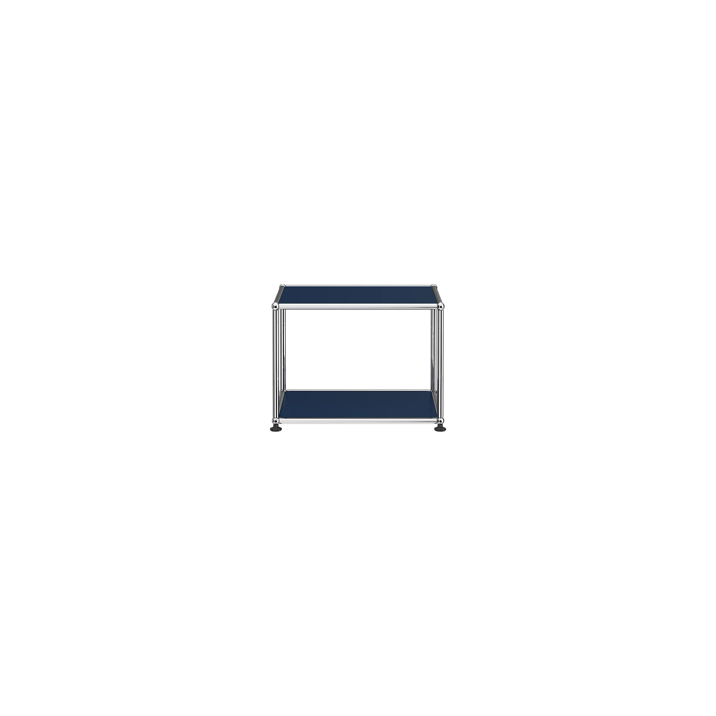 Haller Side Table M22 in steel blue with chrome frame, versatile design for any room, powder-coated steel panels.