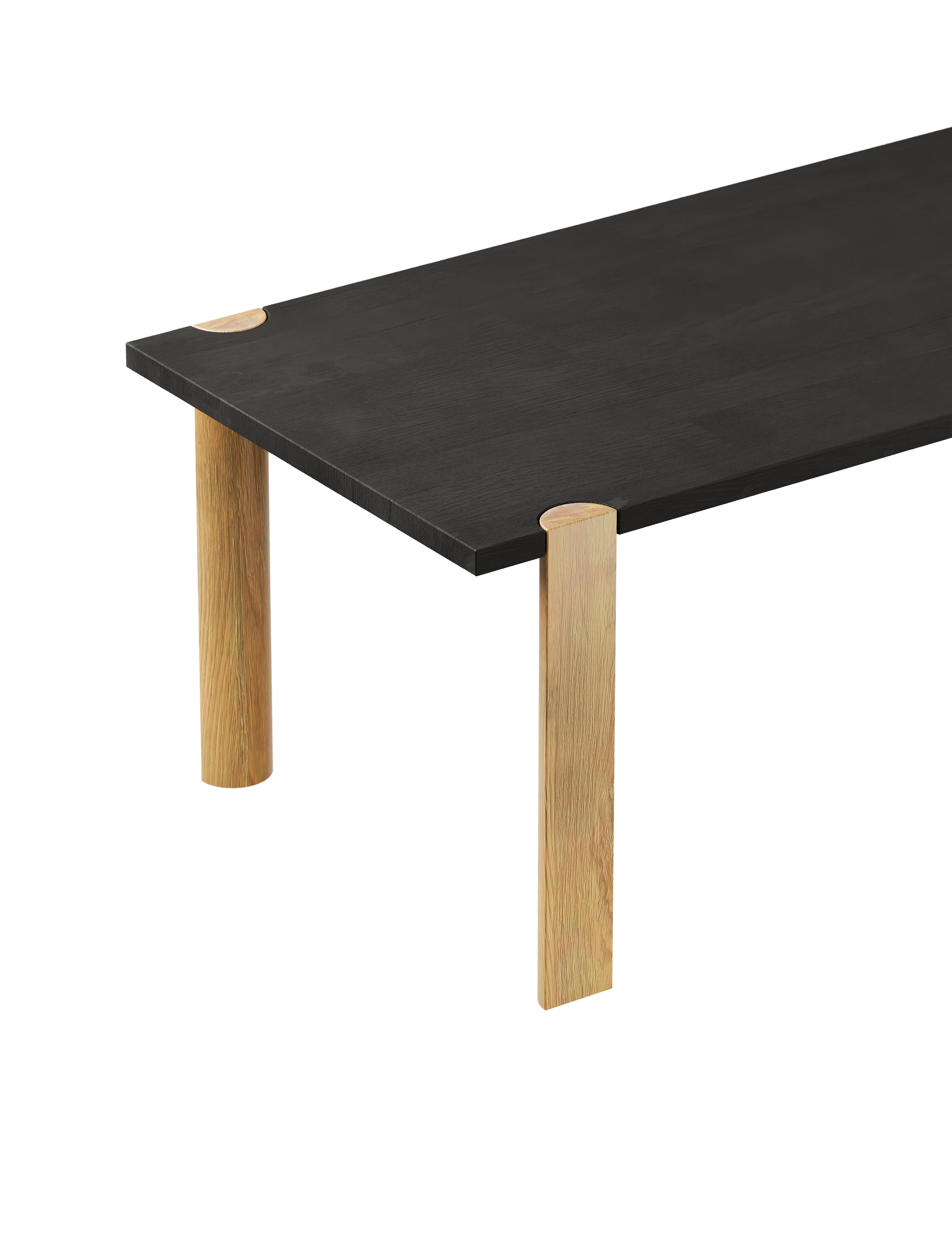 EVERYDAY Table with black walnut top and natural oiled oak half-round legs showcasing endgrain detail.