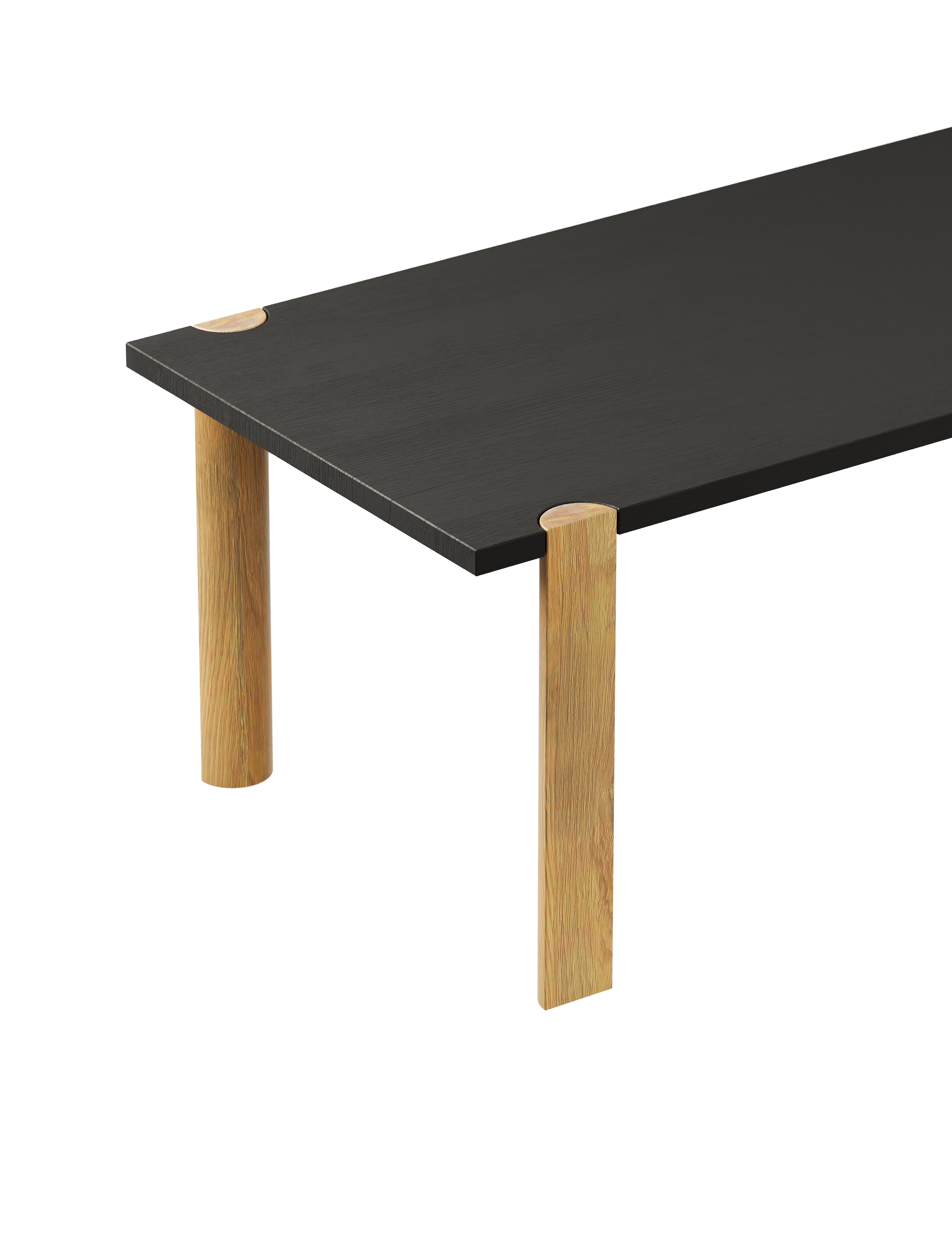 EVERYDAY Table with black tabletop and natural oiled oak half-round legs showing endgrain detail