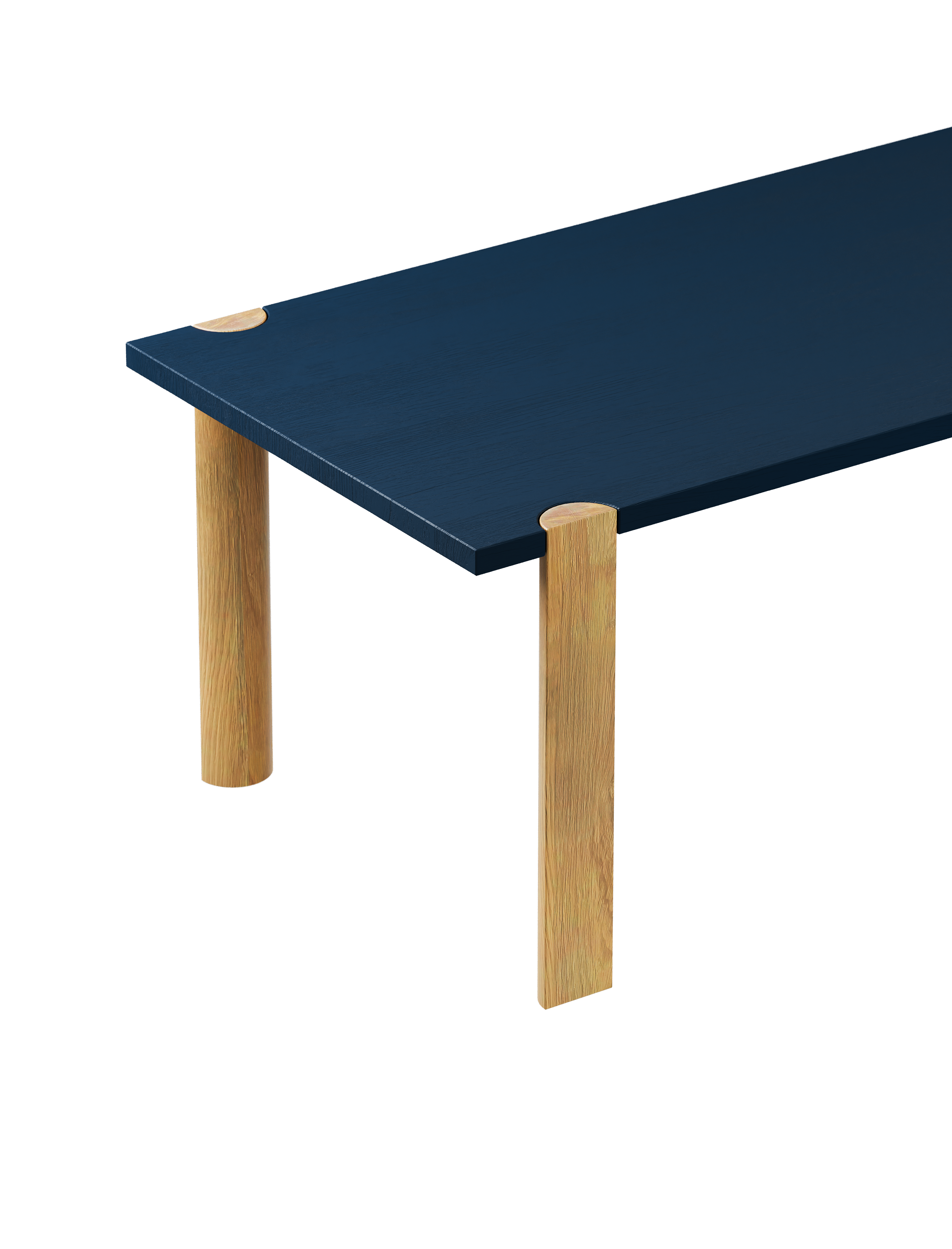 EVERYDAY Table with natural oiled oak half-round legs and sapphire blue tabletop, modern solid wood design.