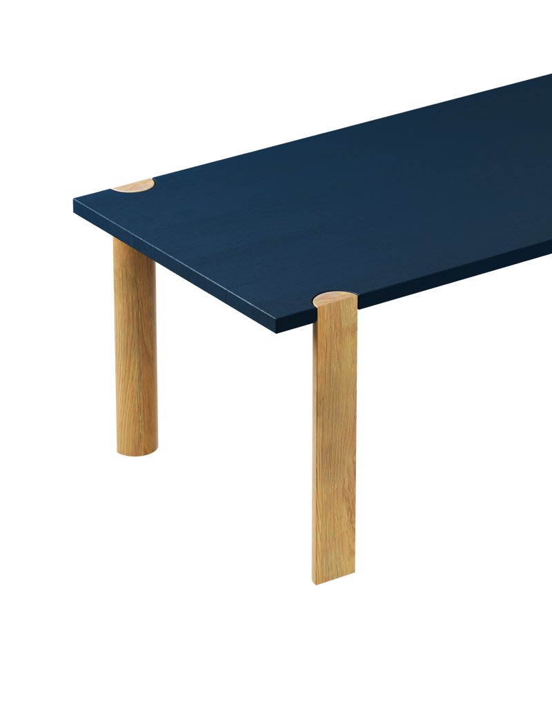 EVERYDAY Table with natural oiled oak half-round legs and sapphire blue tabletop, modern solid wood design.