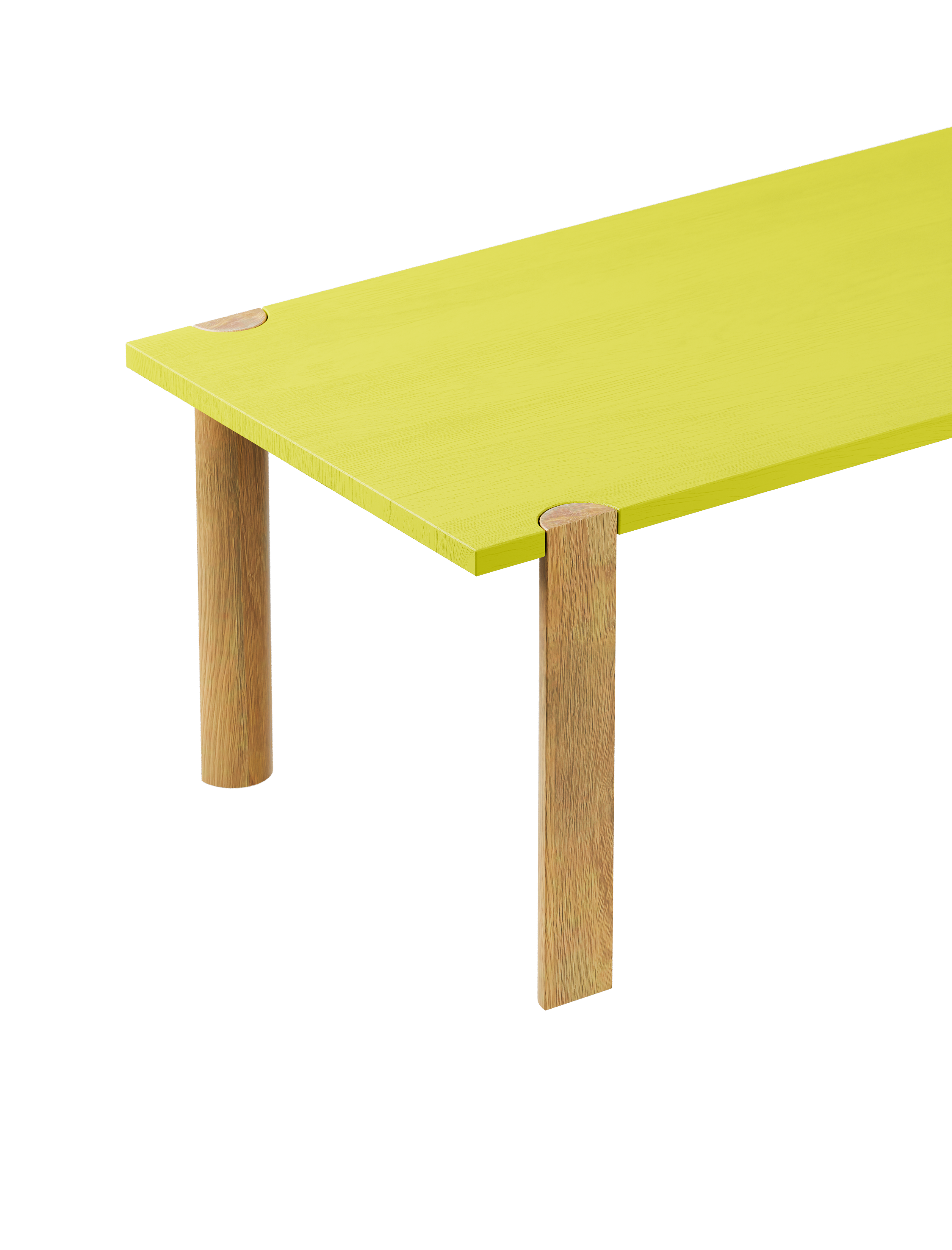 EVERYDAY Table with natural wood legs and bright yellow tabletop, designed by Klemens Schillinger for daily use.