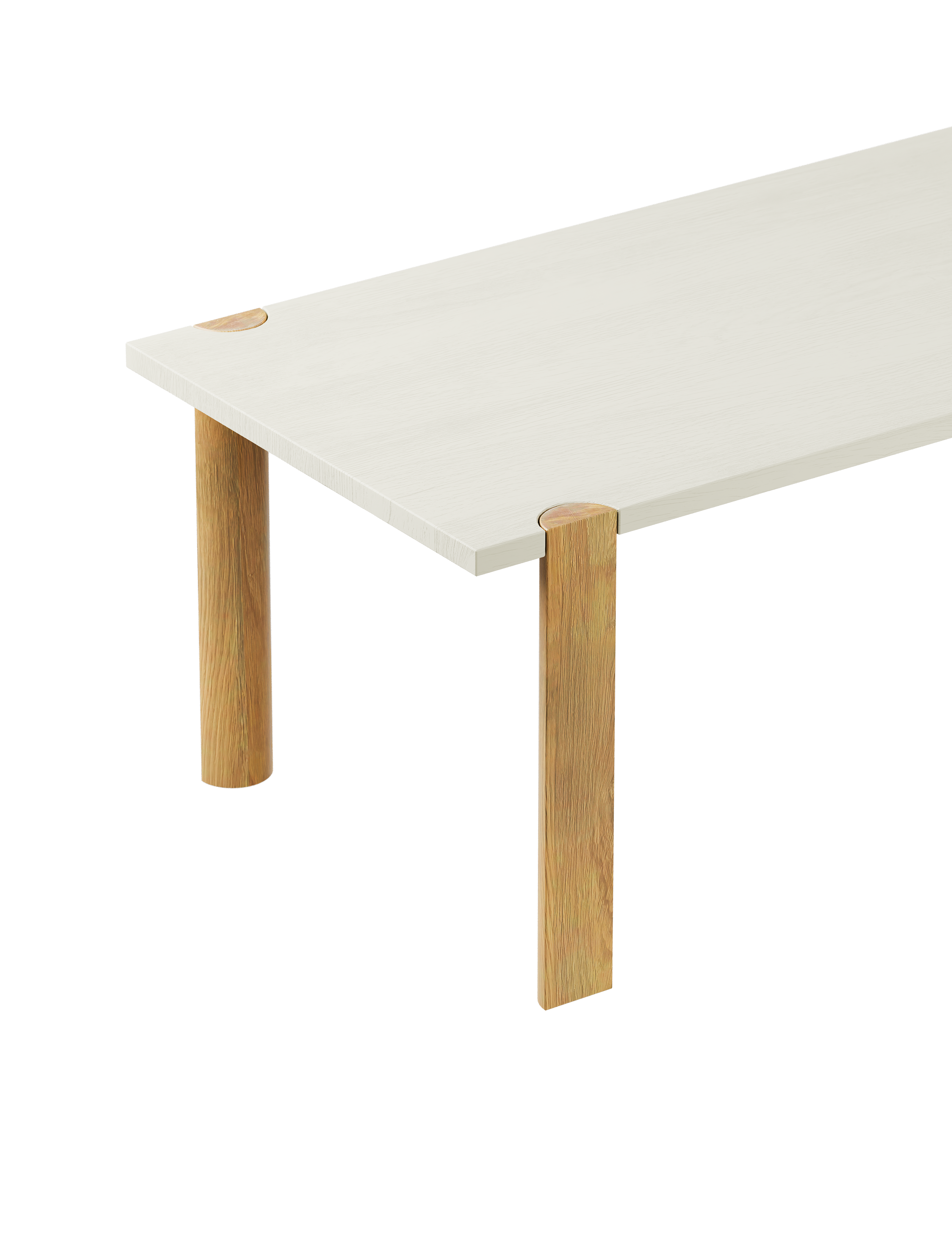 EVERYDAY Table with clean white wood top and natural half-round wooden legs showing endgrain detail.