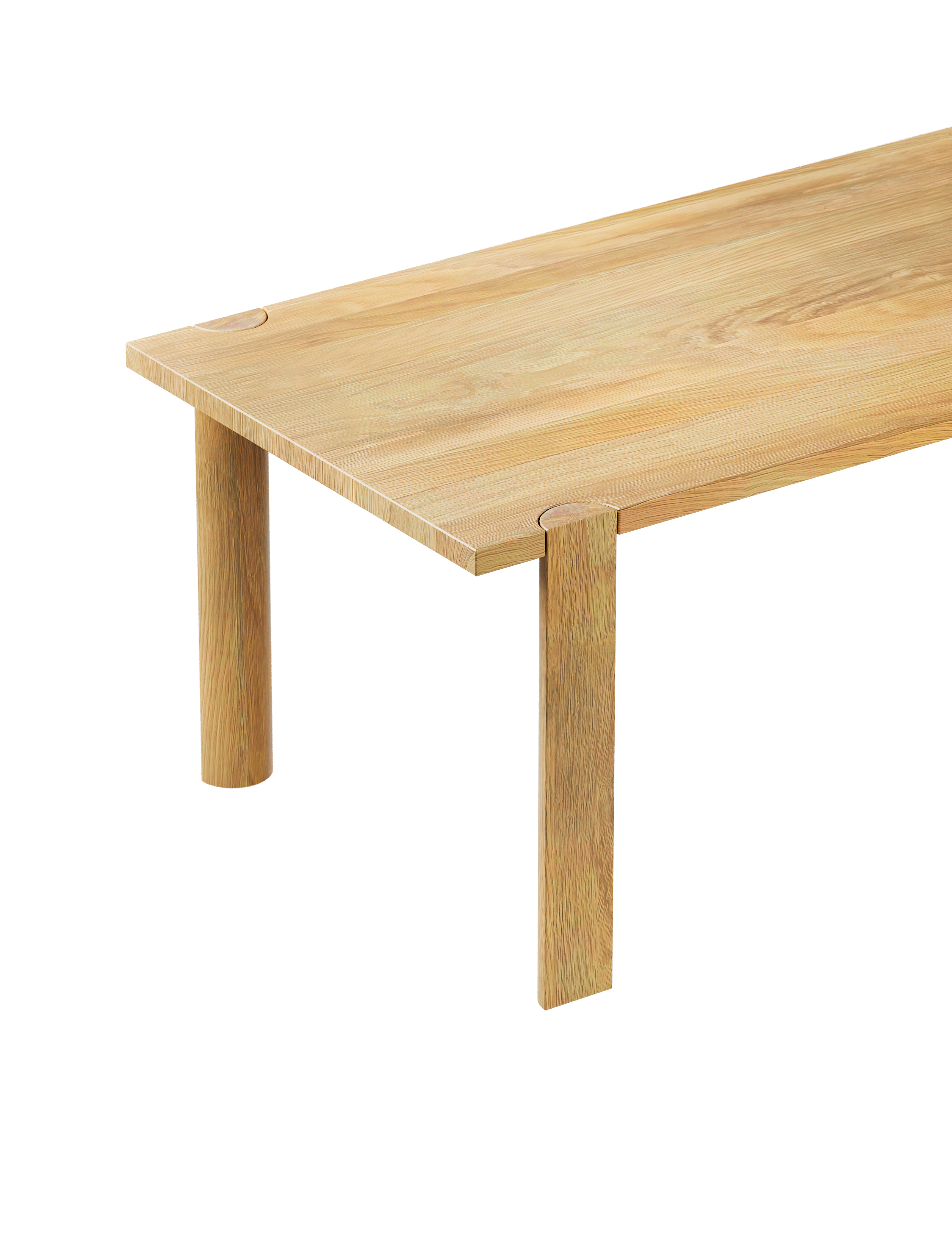 EVERYDAY Table with solid wood tabletop and four half-round legs showing endgrain detail in natural oak finish.