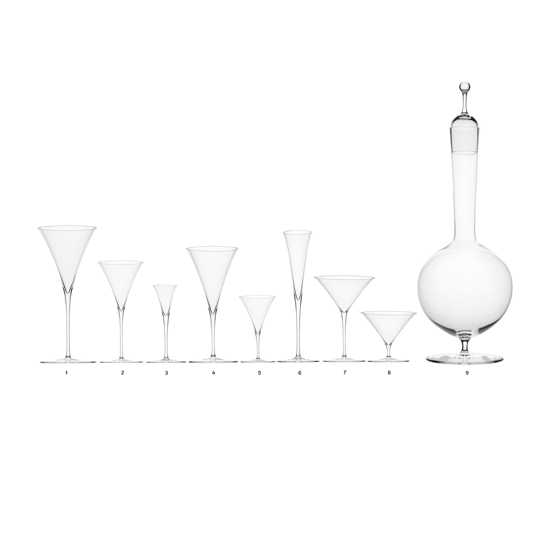 Explore the Lobmeyr Drinking Set No. 240 - Ambassador, a collection of nine mouth-blown lead-free crystal glasses marked 1-9. Inspired by Oswald Haerdtl, they vary in shape from tall with a spherical base and long neck to forms reminiscent of wine and martini glasses.