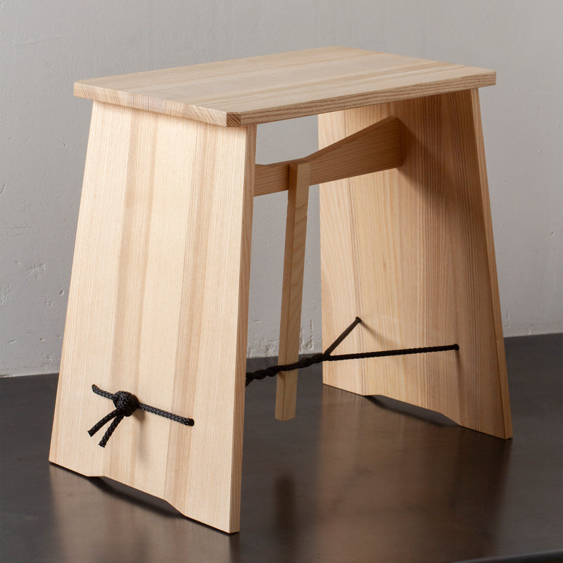 Strammer Max wooden stool made of untreated ash with cord fastening, minimalist design by Max Frommeld.