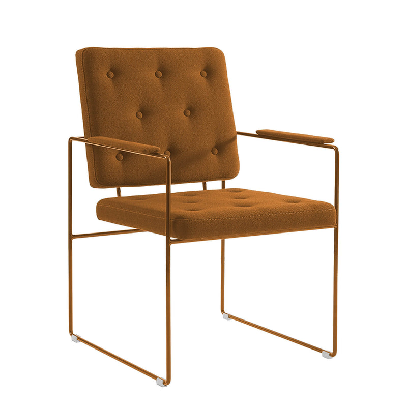 The SWELL TIME Dining Chair by Victor Foxtrot features a retro-inspired design with tufted upholstery, a minimalistic thin steel frame, and cushioned seat. The armrests match the frames material and color for a cohesive look.