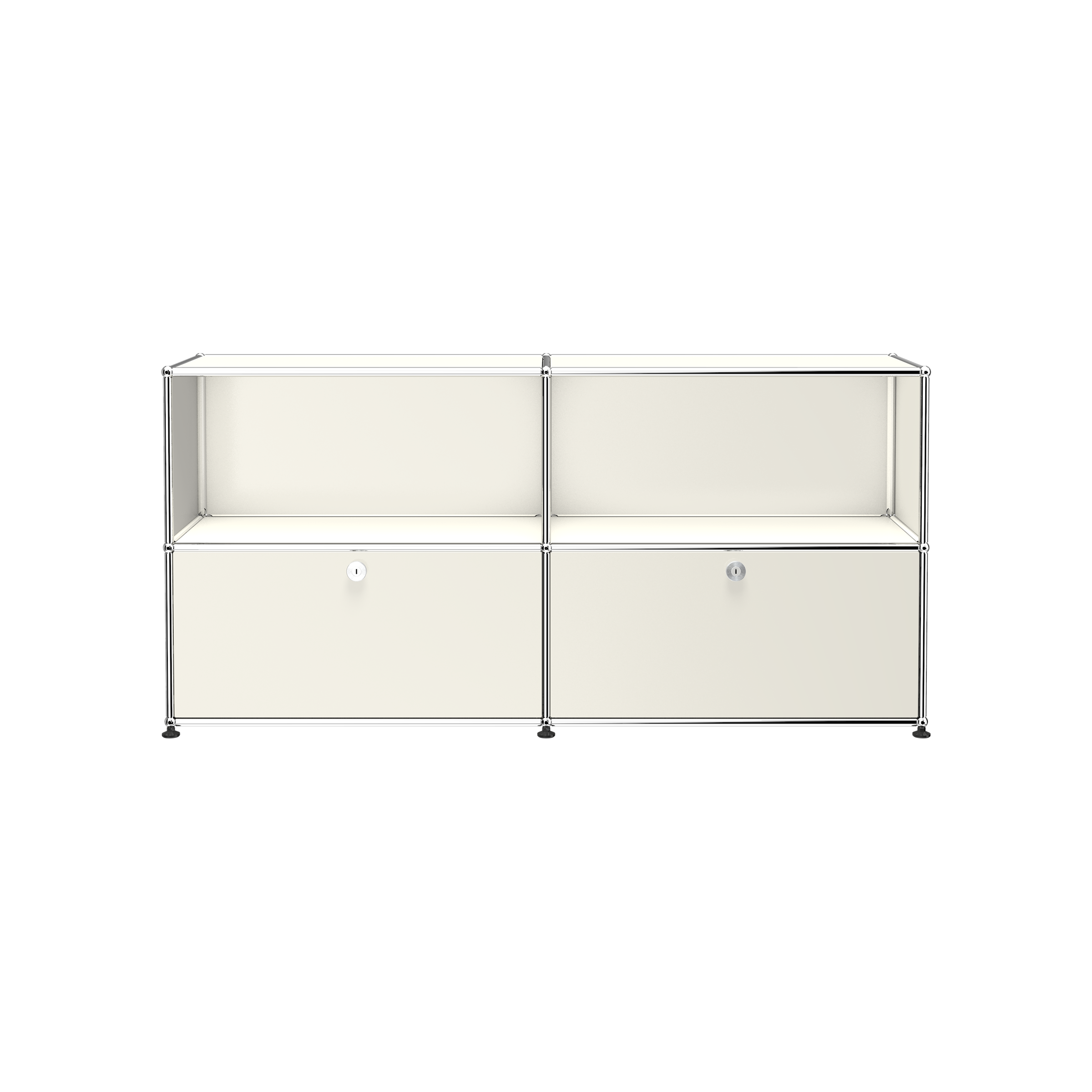 Haller Credenza C2A in pure white with open top sections and two locking drop-down doors on a chrome steel frame.