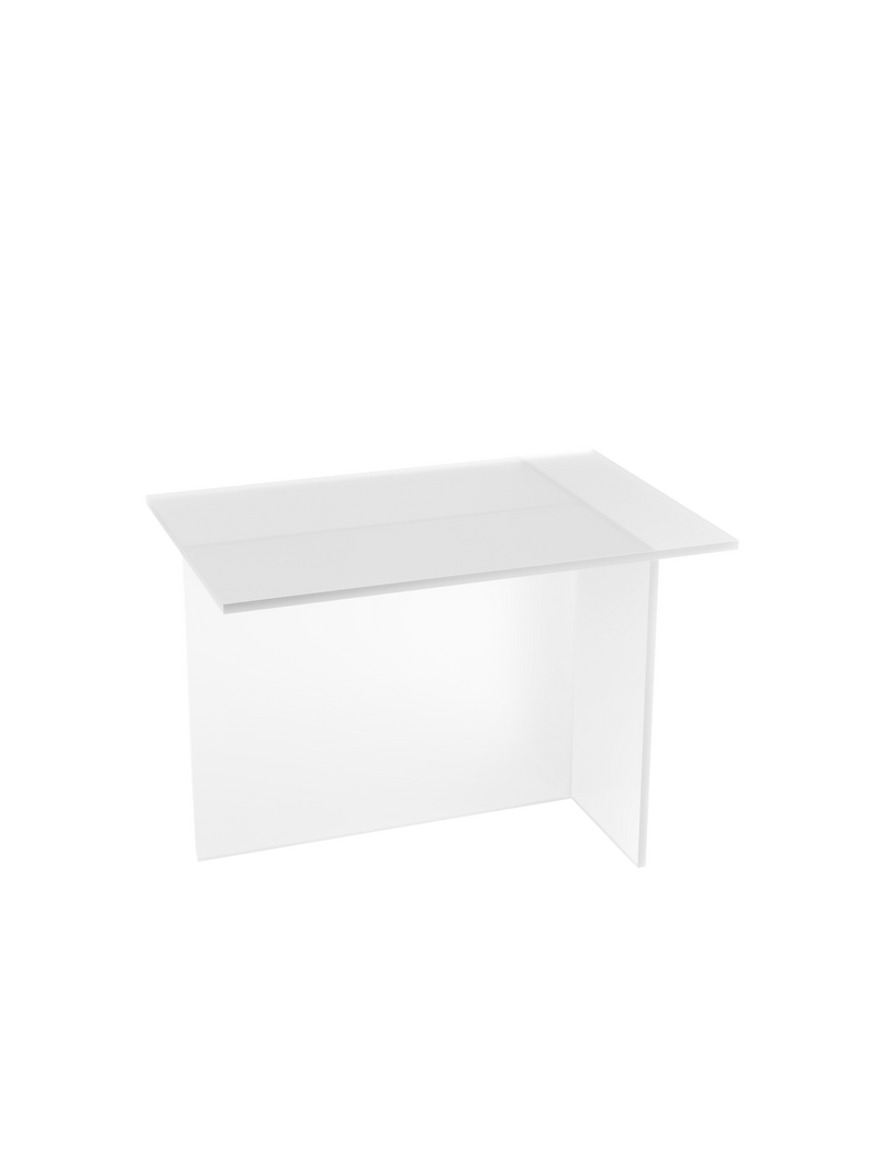 THEO Glass Side Table in clear glass with intersecting panels forming a T shape, modern minimalist design.