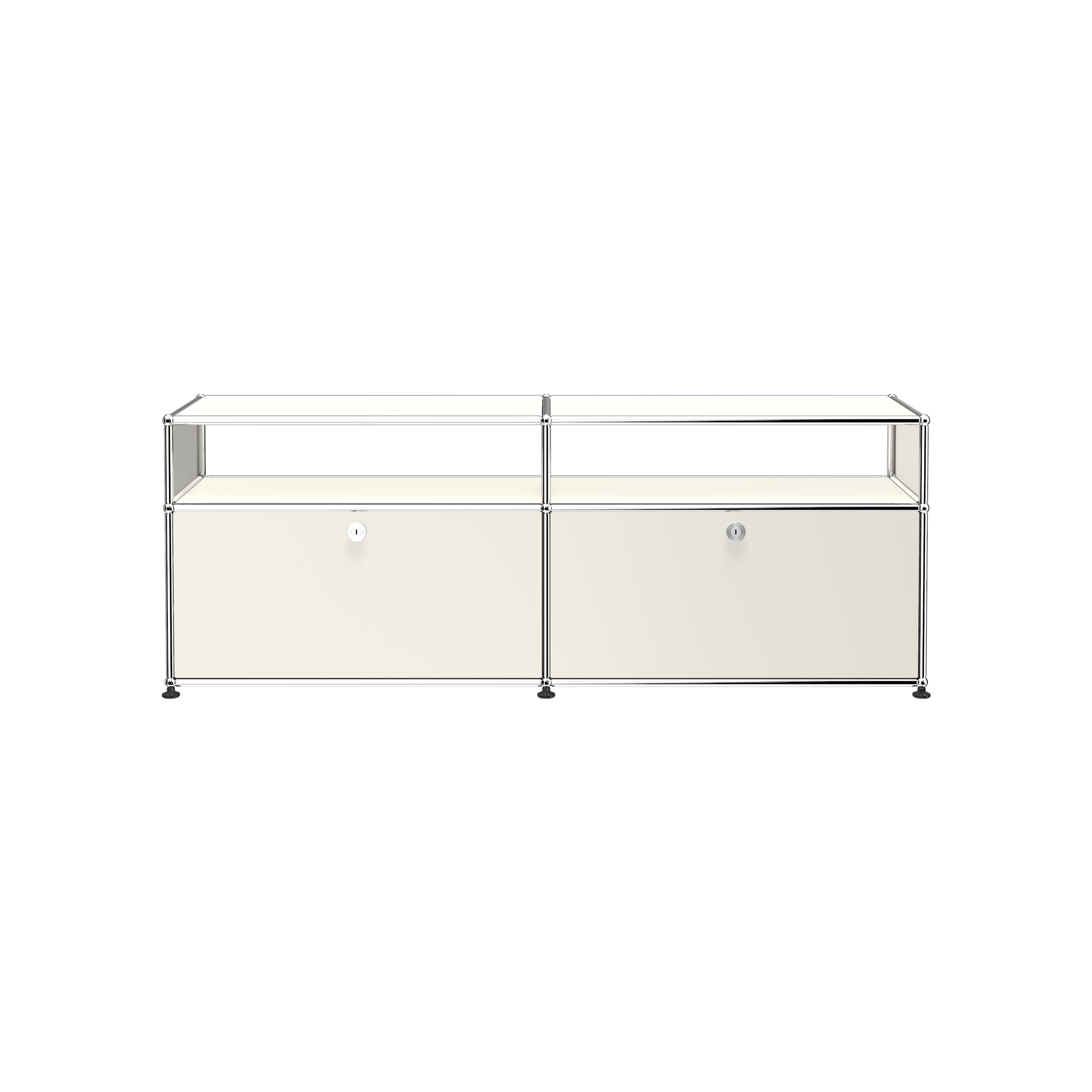 Haller Media O2 storage credenza with two locking drop-down doors and chrome steel frame in pure white finish.