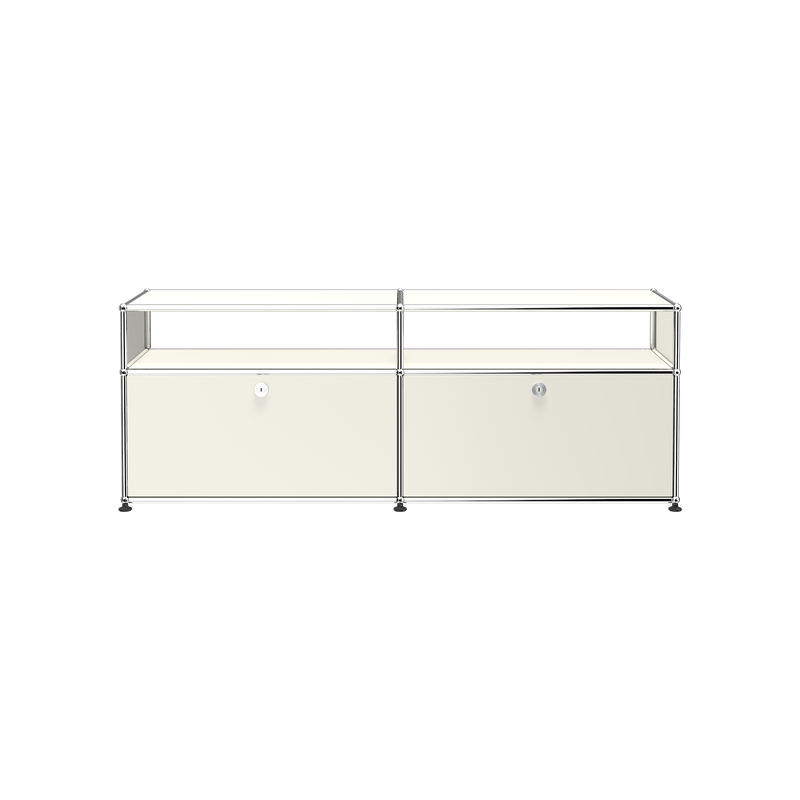 Haller Media O2 storage credenza with two locking drop-down doors and chrome steel frame in pure white finish.