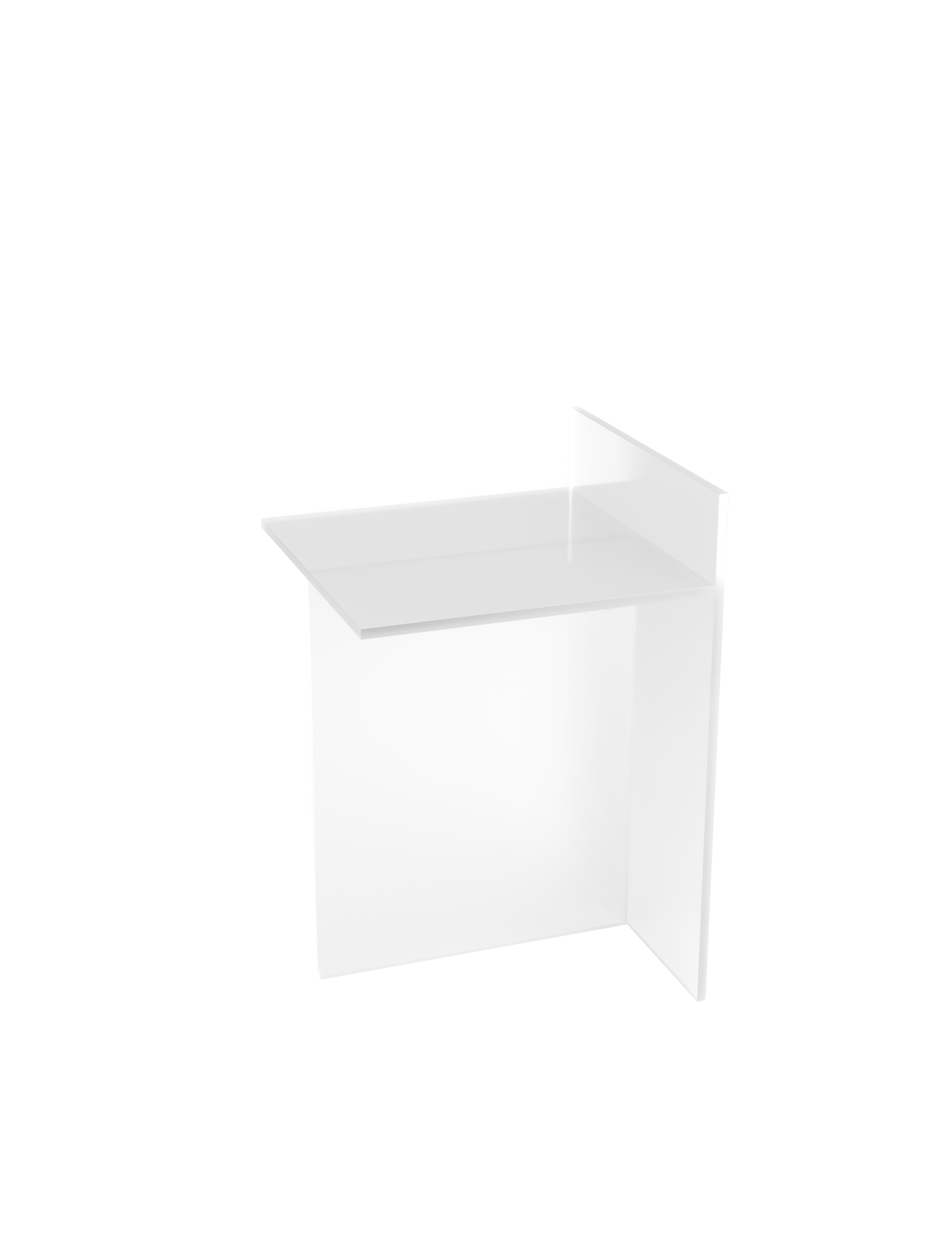 THEO Glass Side Table in artic snow, minimalist glass design with intersecting elements forming a T shape.