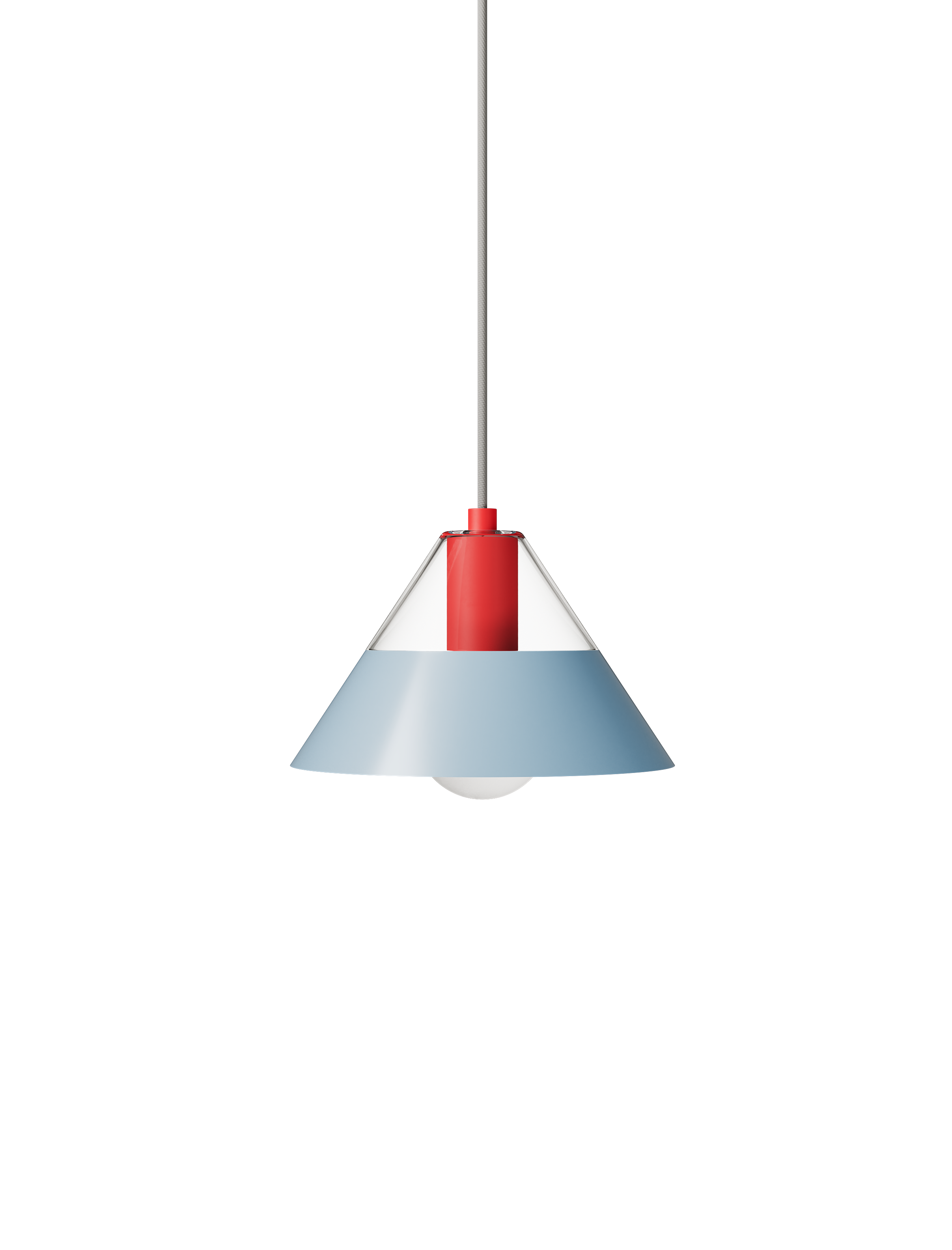 FIFTY FIFTY lamp with blue metal shade, red wooden socket, and glass top diffuser creating ambient and focused light.