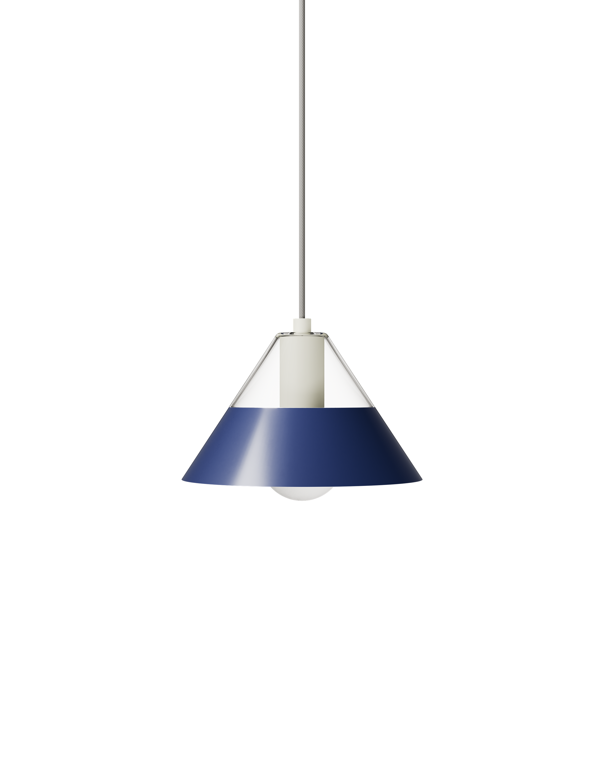 FIFTY FIFTY lamp with blue metal shade and white glass diffuser, combining soft upward and focused downward light.