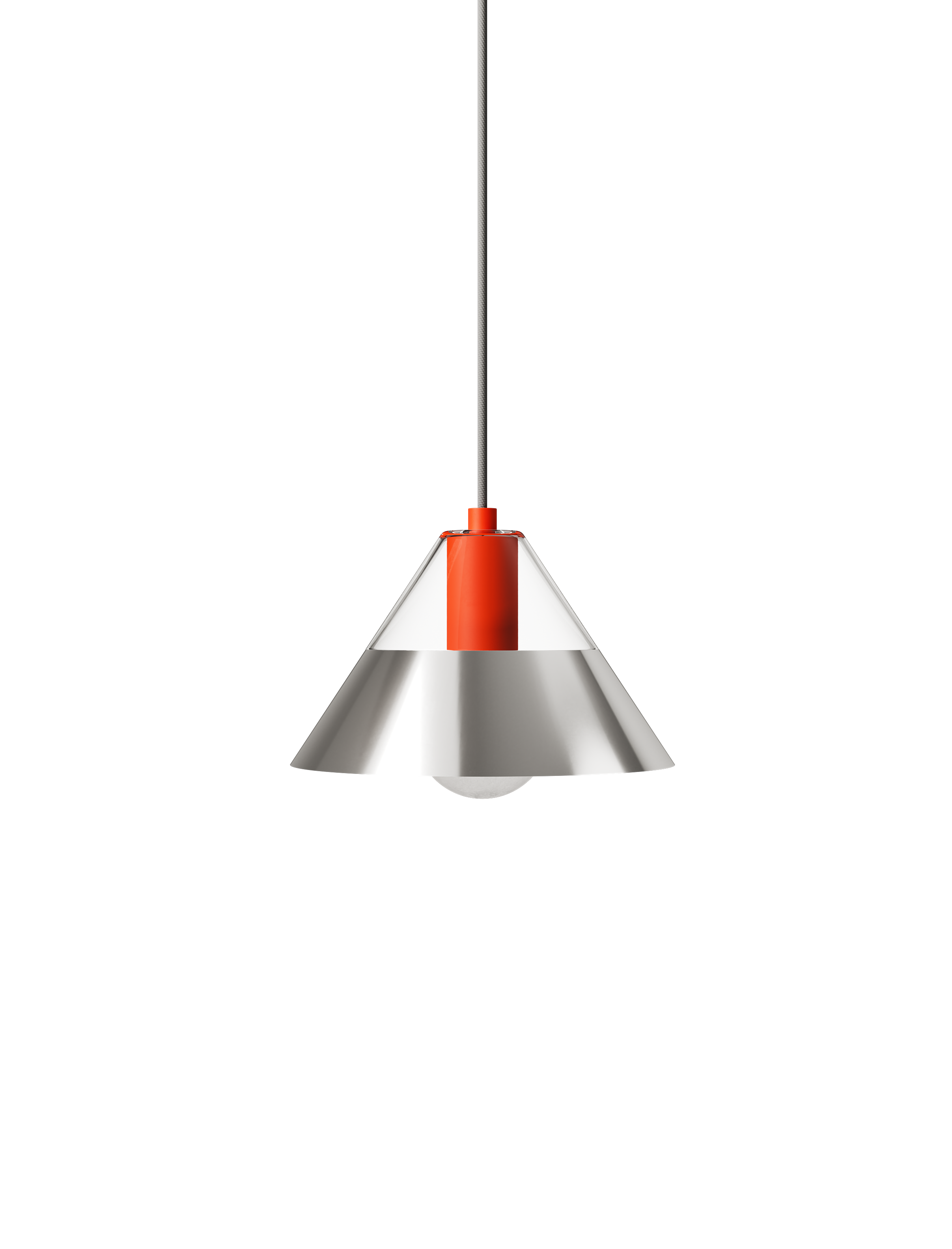 FIFTY FIFTY lamp with glass top and metal shade in pure red and polished steel, modern pendant lighting design.